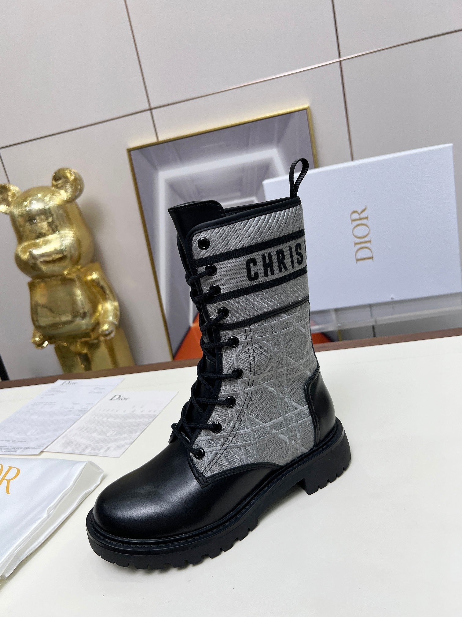 CD D-Major Ankle Boot In Grey Mix Black Denim Fabric And Lambskin  107724