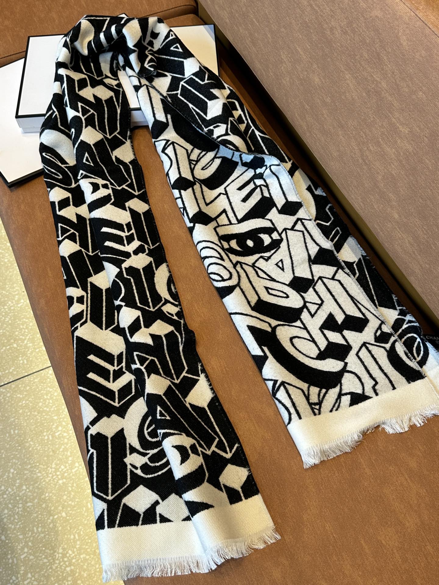CC Scarf 178CM In Black White Mulberry Silk Mix Wool 424845