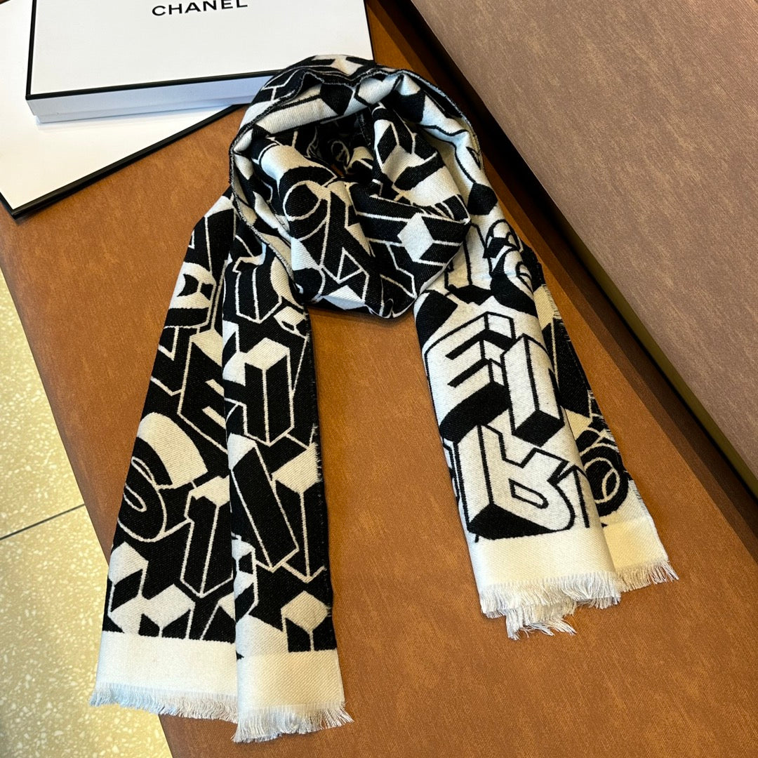CC Scarf 178CM In Black White Mulberry Silk Mix Wool 424845