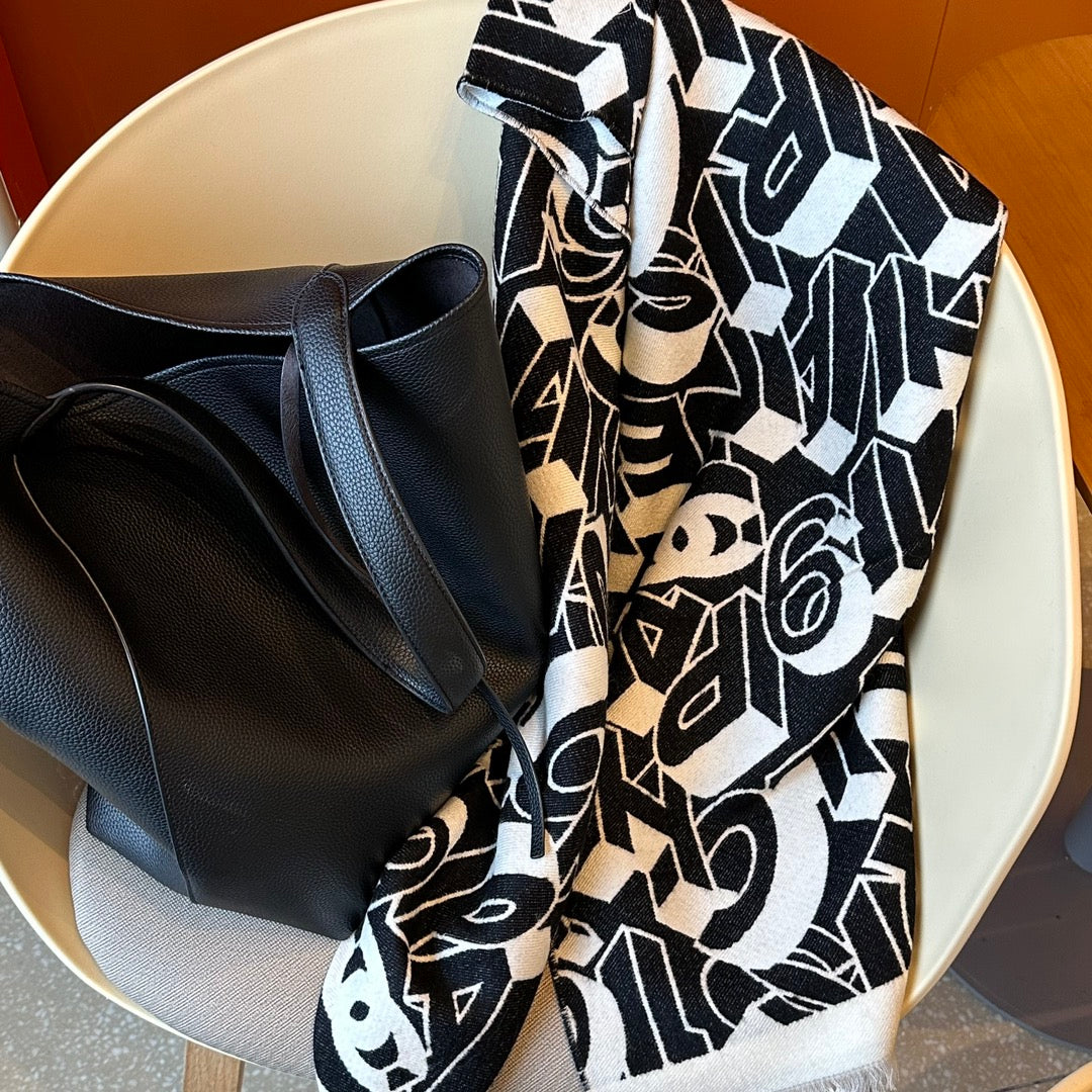 CC Scarf 178CM In Black White Mulberry Silk Mix Wool 424845