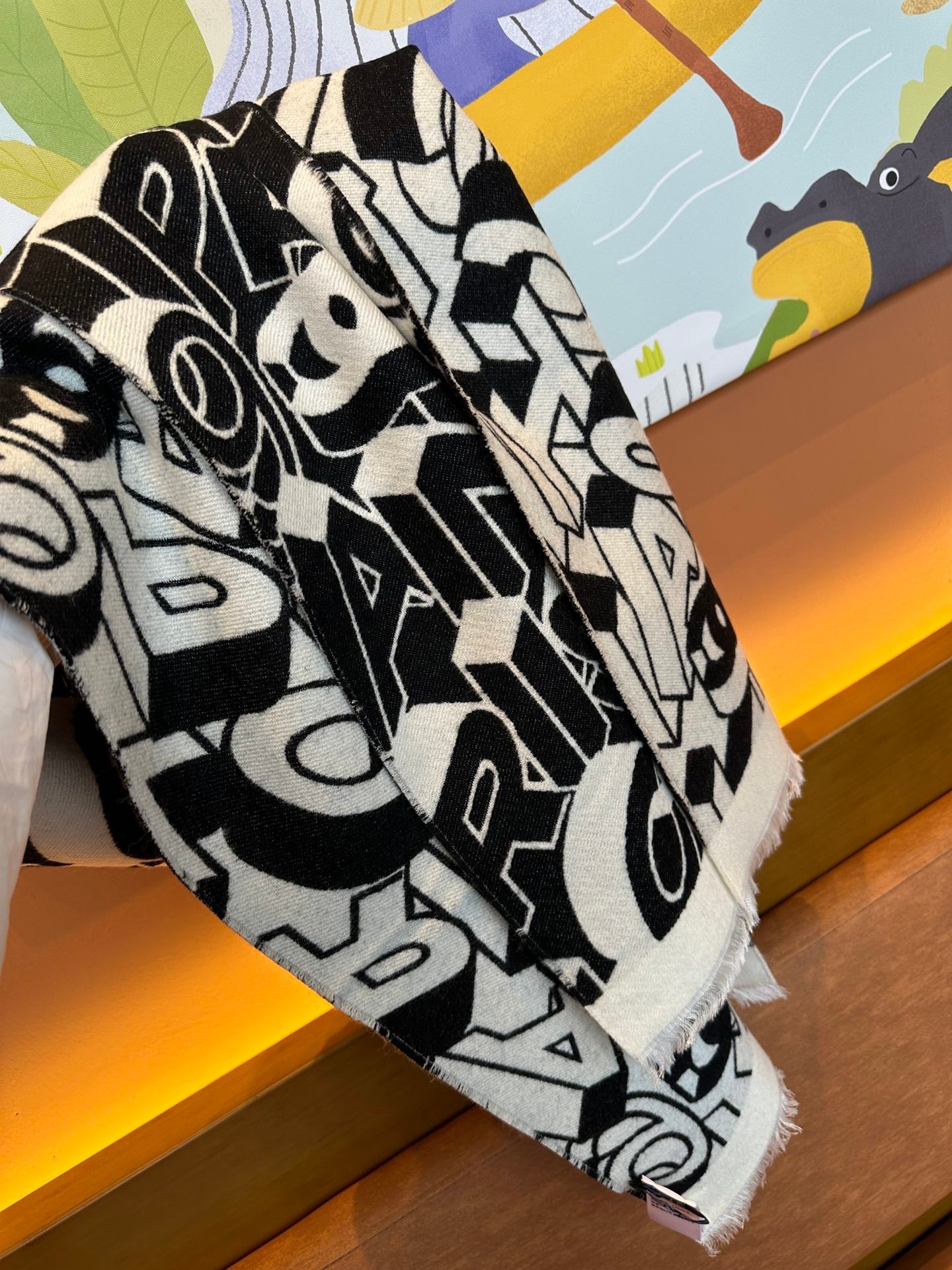 CC Scarf 178CM In Black White Mulberry Silk Mix Wool 424845