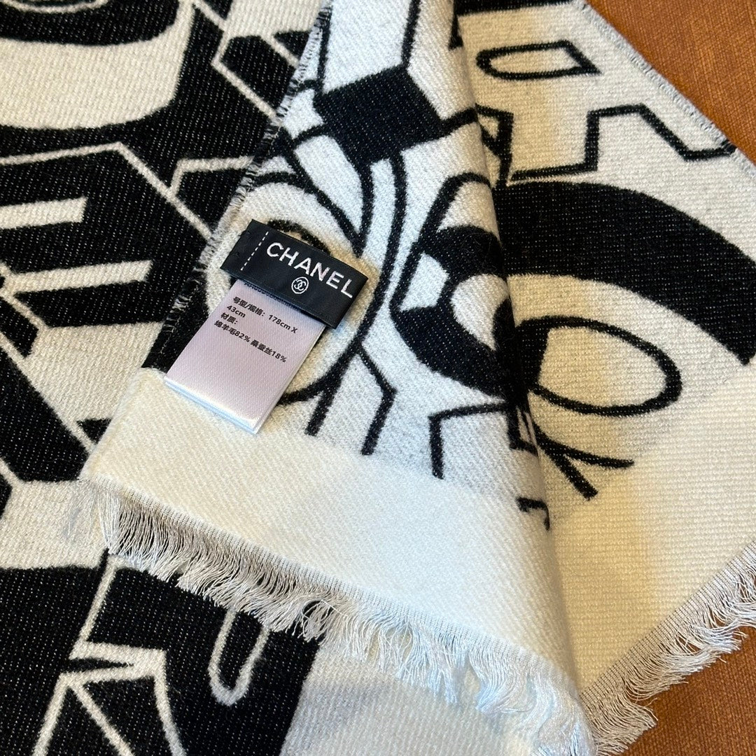 CC Scarf 178CM In Black White Mulberry Silk Mix Wool 424845