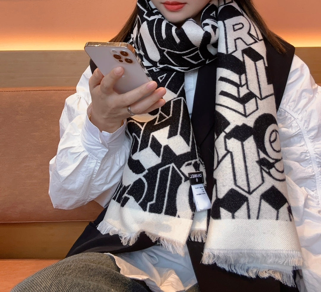 CC Scarf 178CM In Black White Mulberry Silk Mix Wool 424845
