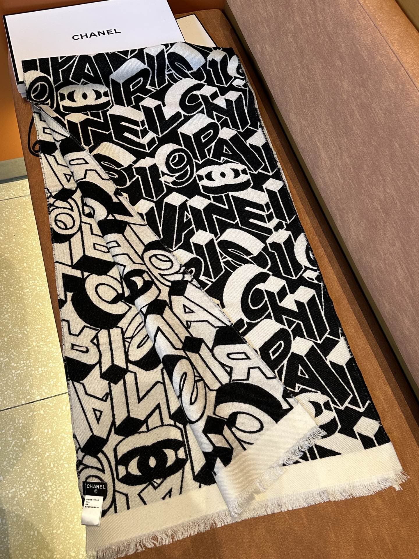 CC Scarf 178CM In Black White Mulberry Silk Mix Wool 424845
