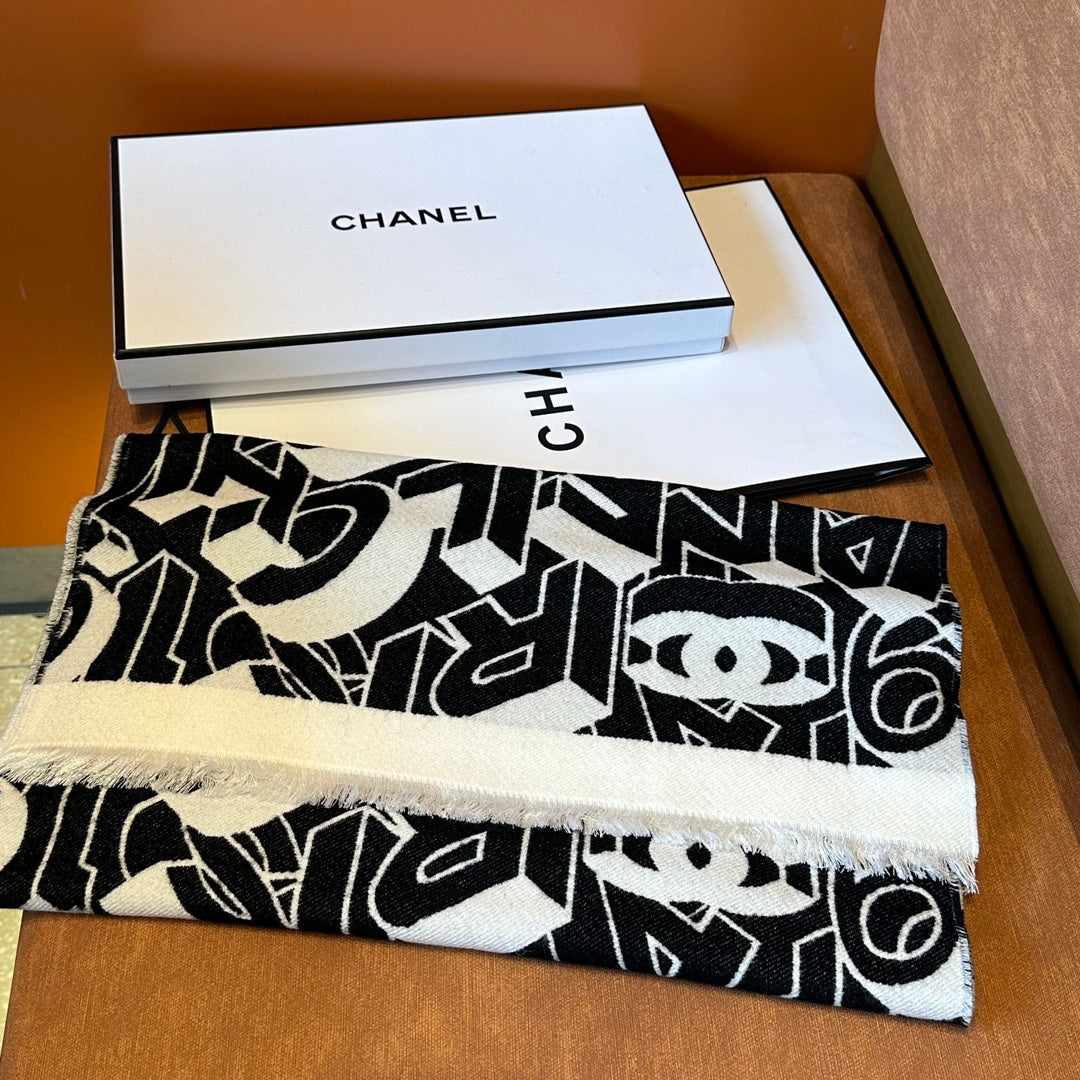 CC Scarf 178CM In Black White Mulberry Silk Mix Wool 424845