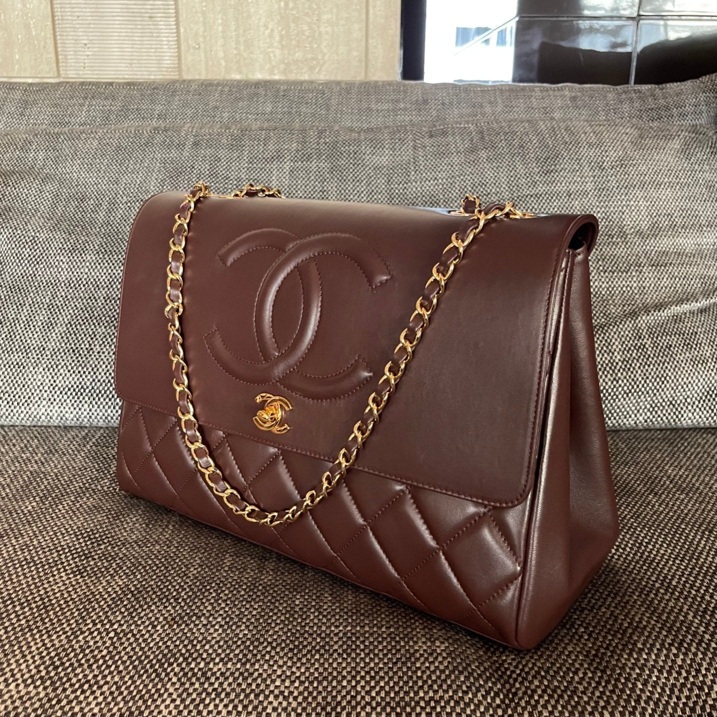 Chanel 2026 Vintage Quilted Large CC Flap Bag 33cm Embossed Calfskin