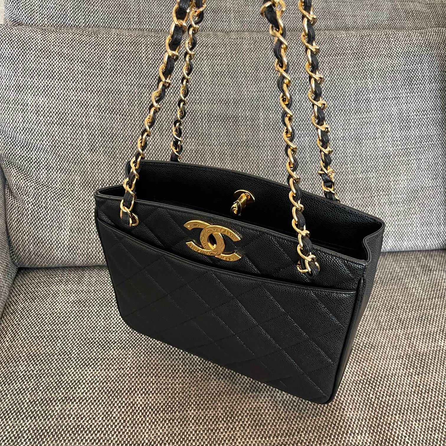 Chanel 2026 Vintage Shopping Tote Bag 28cm Black Embossed Calfskin
