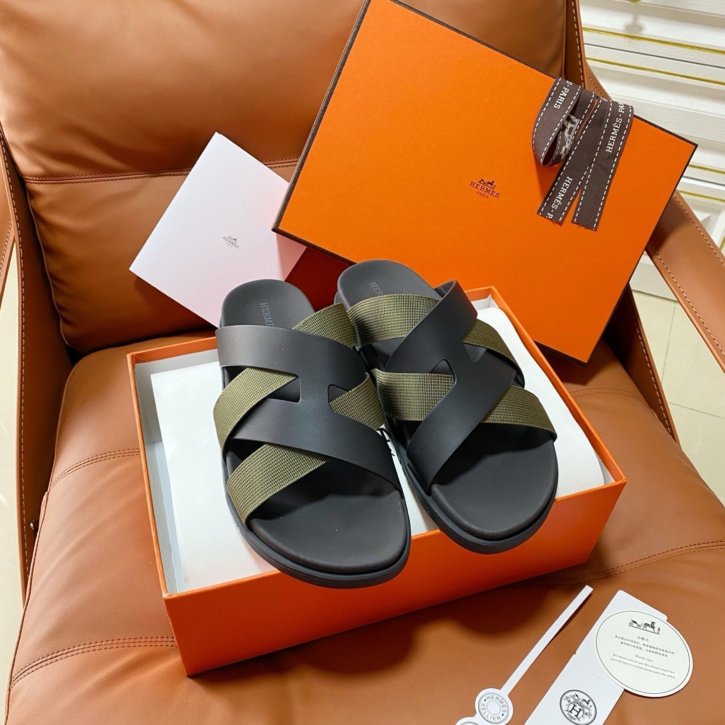 HM 2026 Cross Sandals Black Green Calfskin 667283