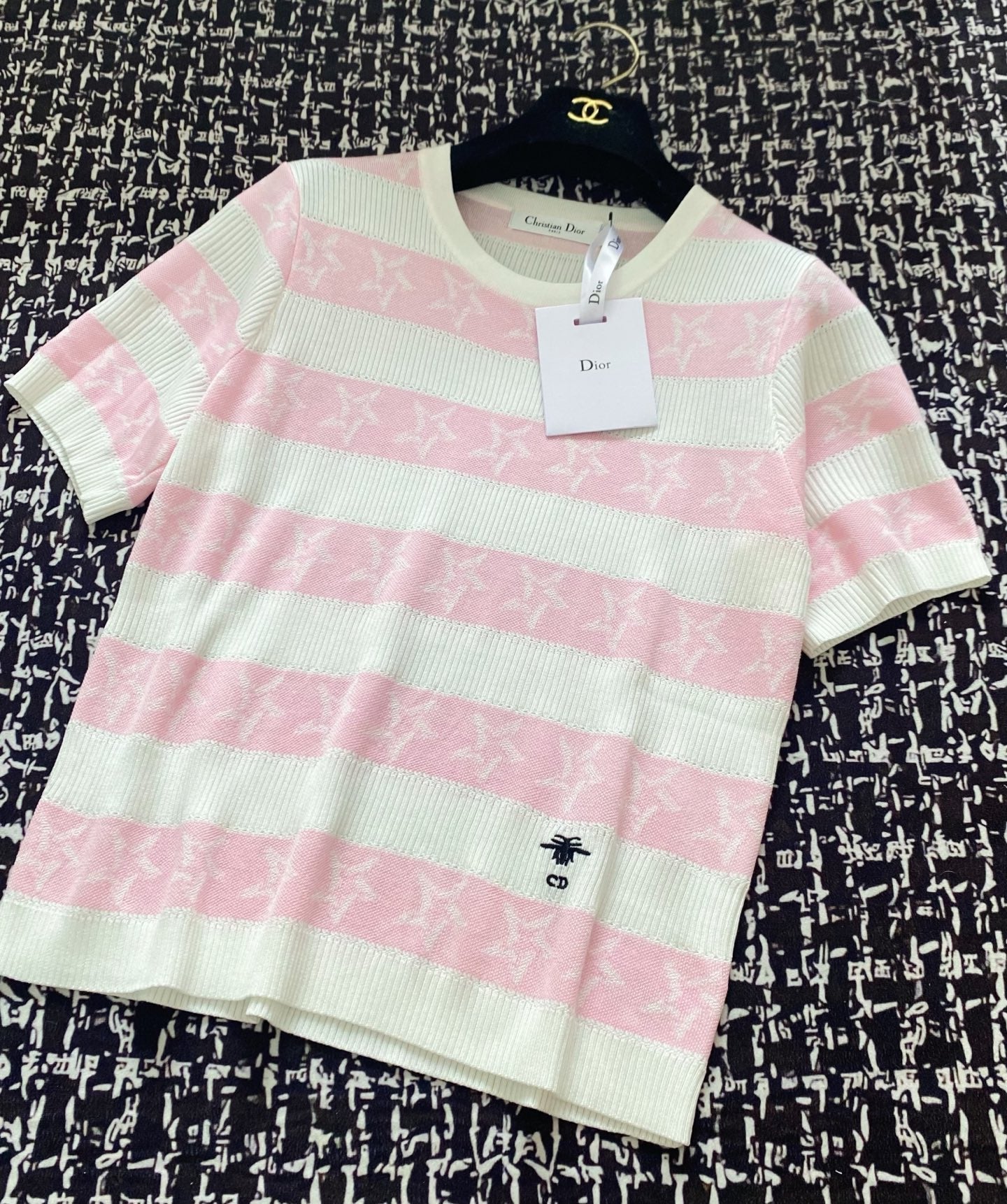 CD 2025 Striped Short-sleeved T-shirt Pink White tencel 606660