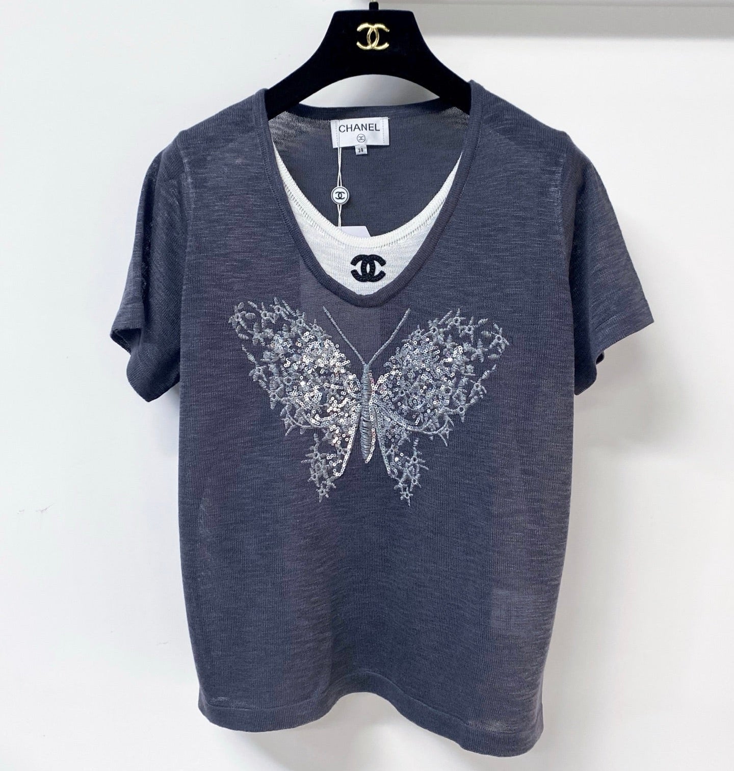 Chanel 2026 Navy Short-Sleeved Shirt Butterfly Graphic Wool 358851