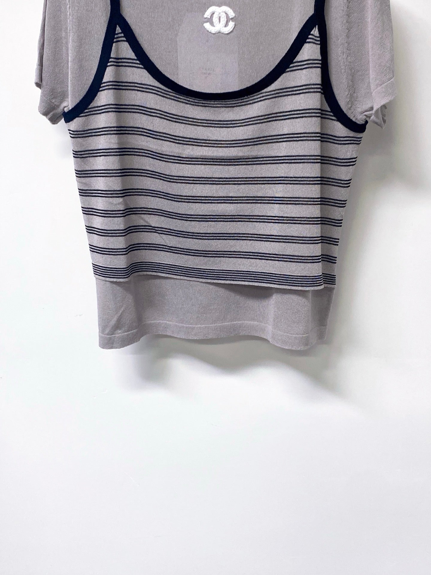 Chanel 2026 Grey Knit Top Striped Camisole Overlay 416252