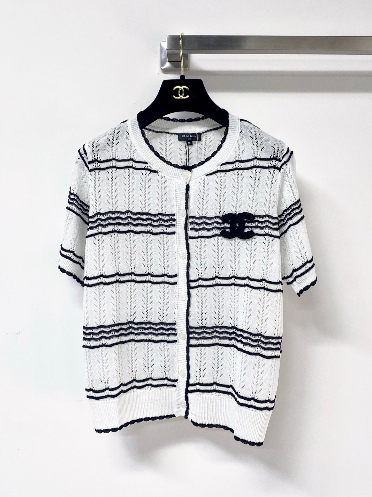 Chanel 2026 Striped Knit Short Sleeve Cardigan Mercerized Wool 435114