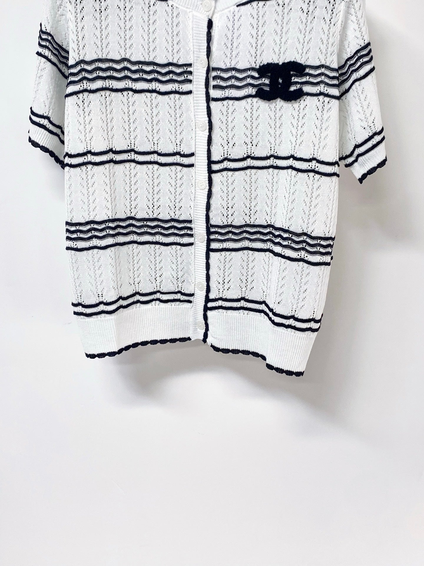 Chanel 2026 Striped Knit Short Sleeve Cardigan Mercerized Wool 435114