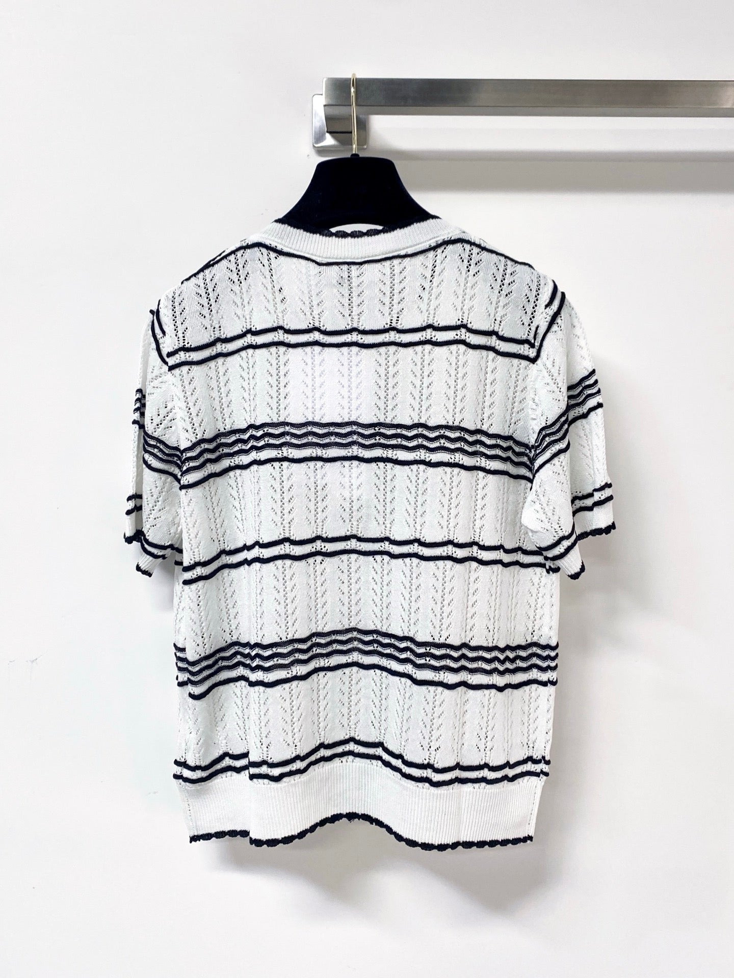 Chanel 2026 Striped Knit Short Sleeve Cardigan Mercerized Wool 435114