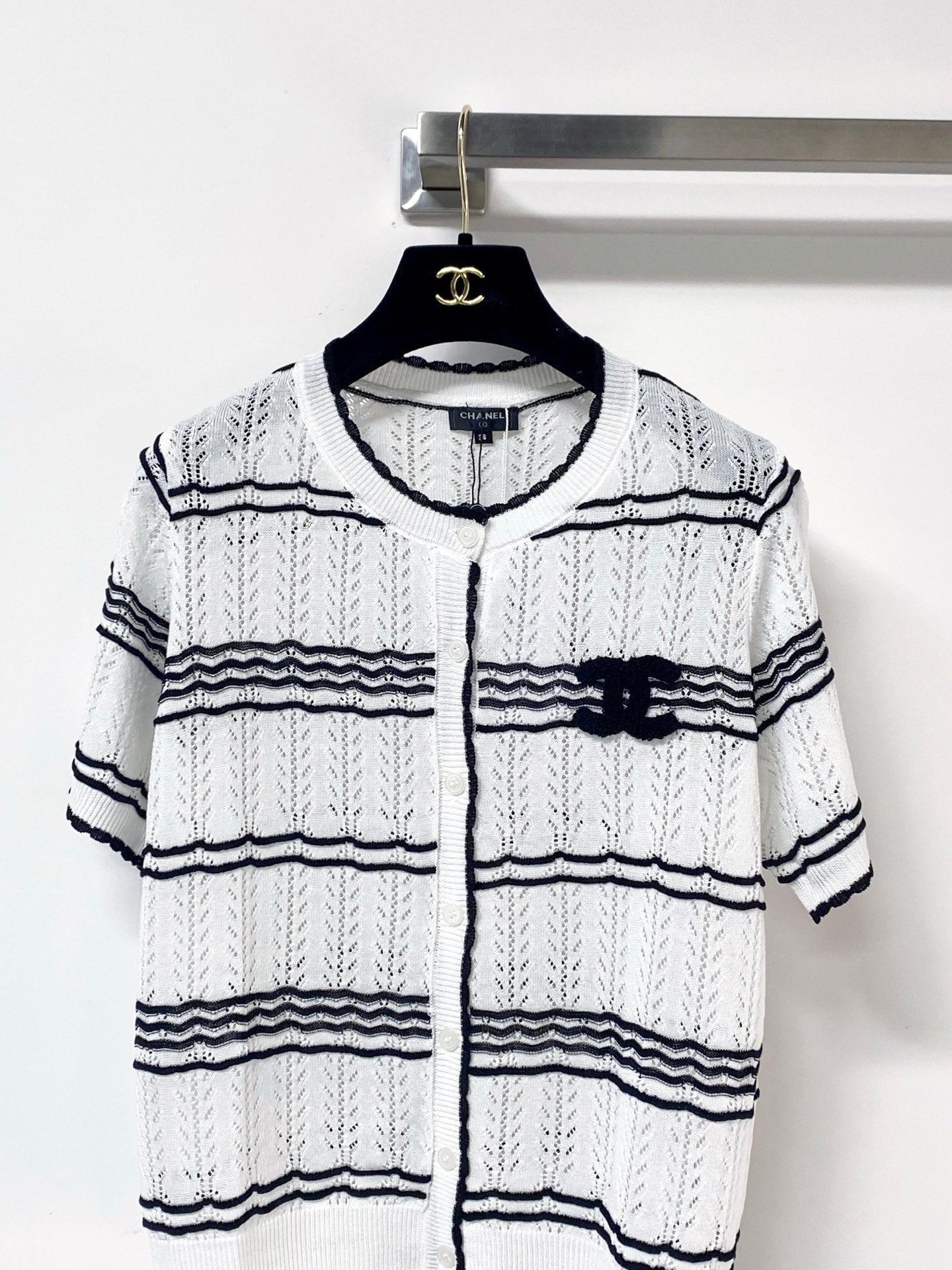 Chanel 2026 Striped Knit Short Sleeve Cardigan Mercerized Wool 435114