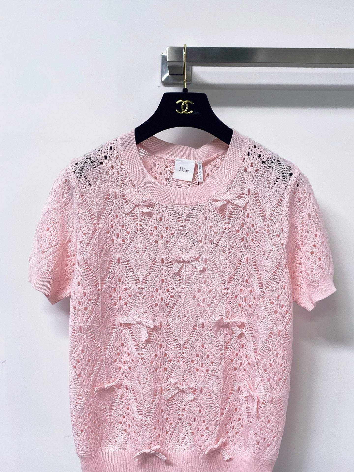Dior 2026 Openwork Lace Knit Short-Sleeve Top Bow Details 479896
