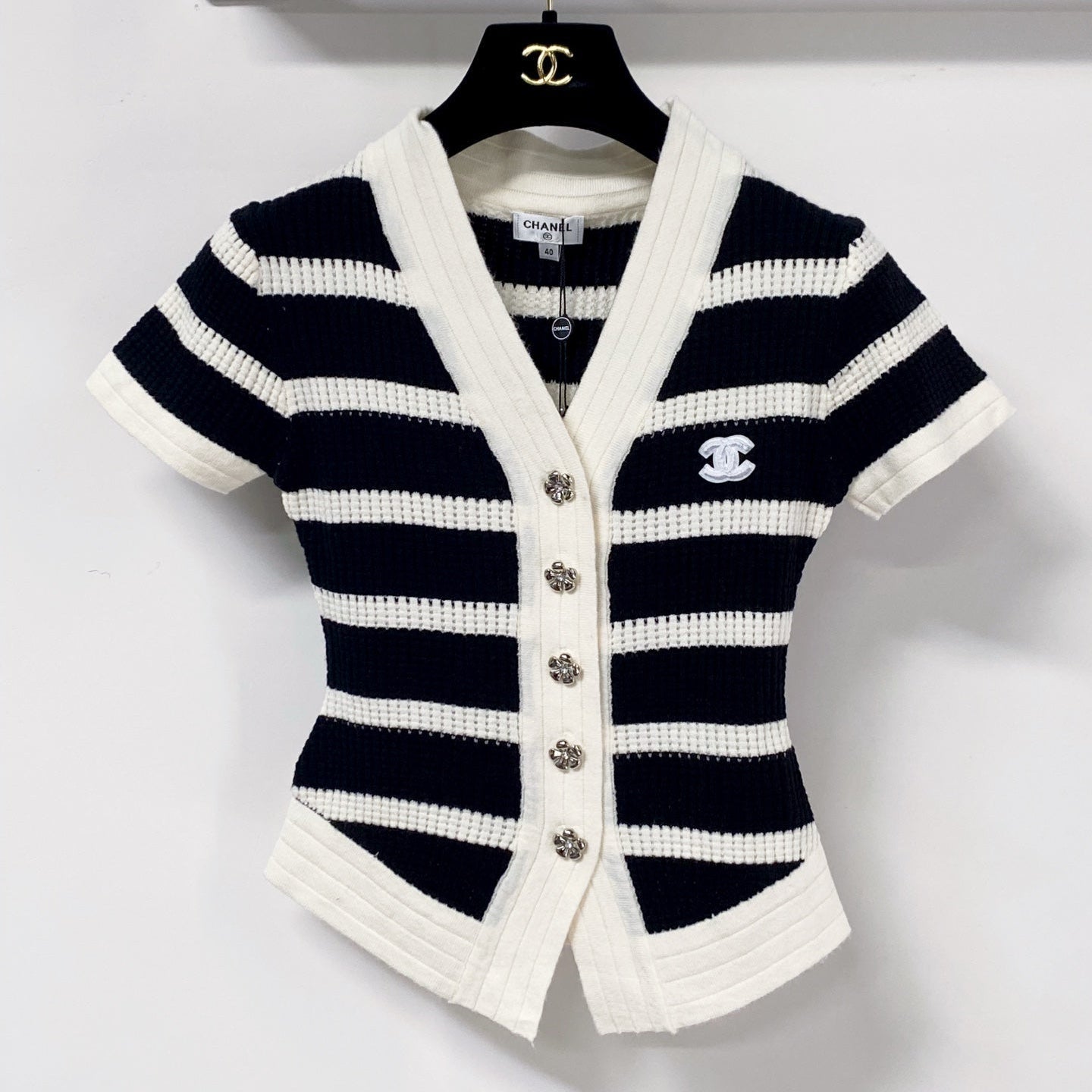 Chanel 2026 Short-sleeved Shirt White mix Navy Blue Wool 705303