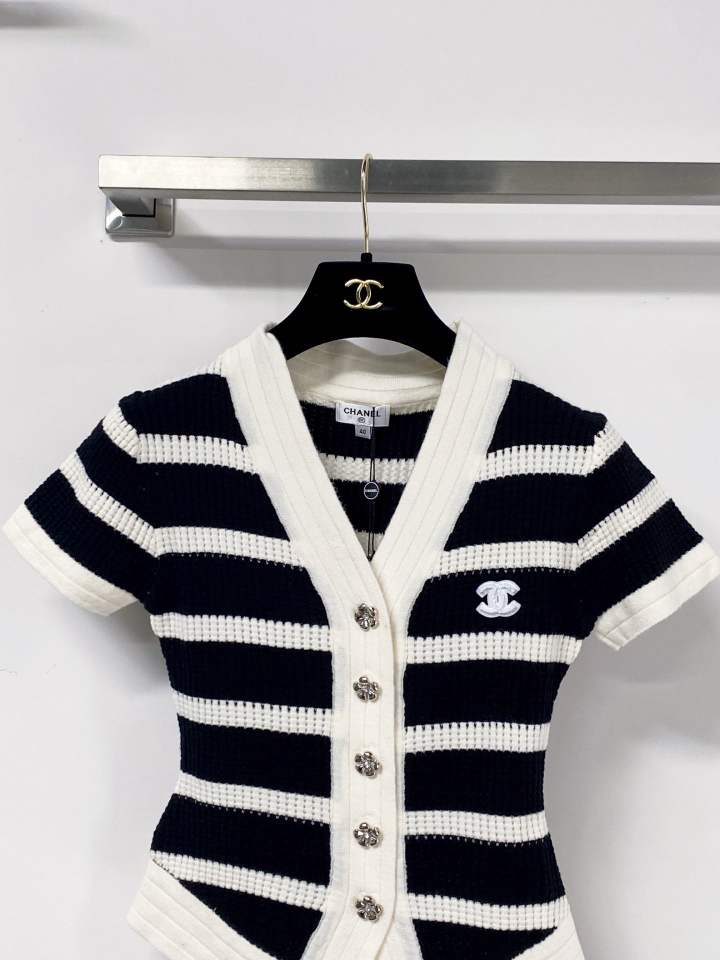 Chanel 2026 Short-sleeved Shirt White mix Navy Blue Wool 705303