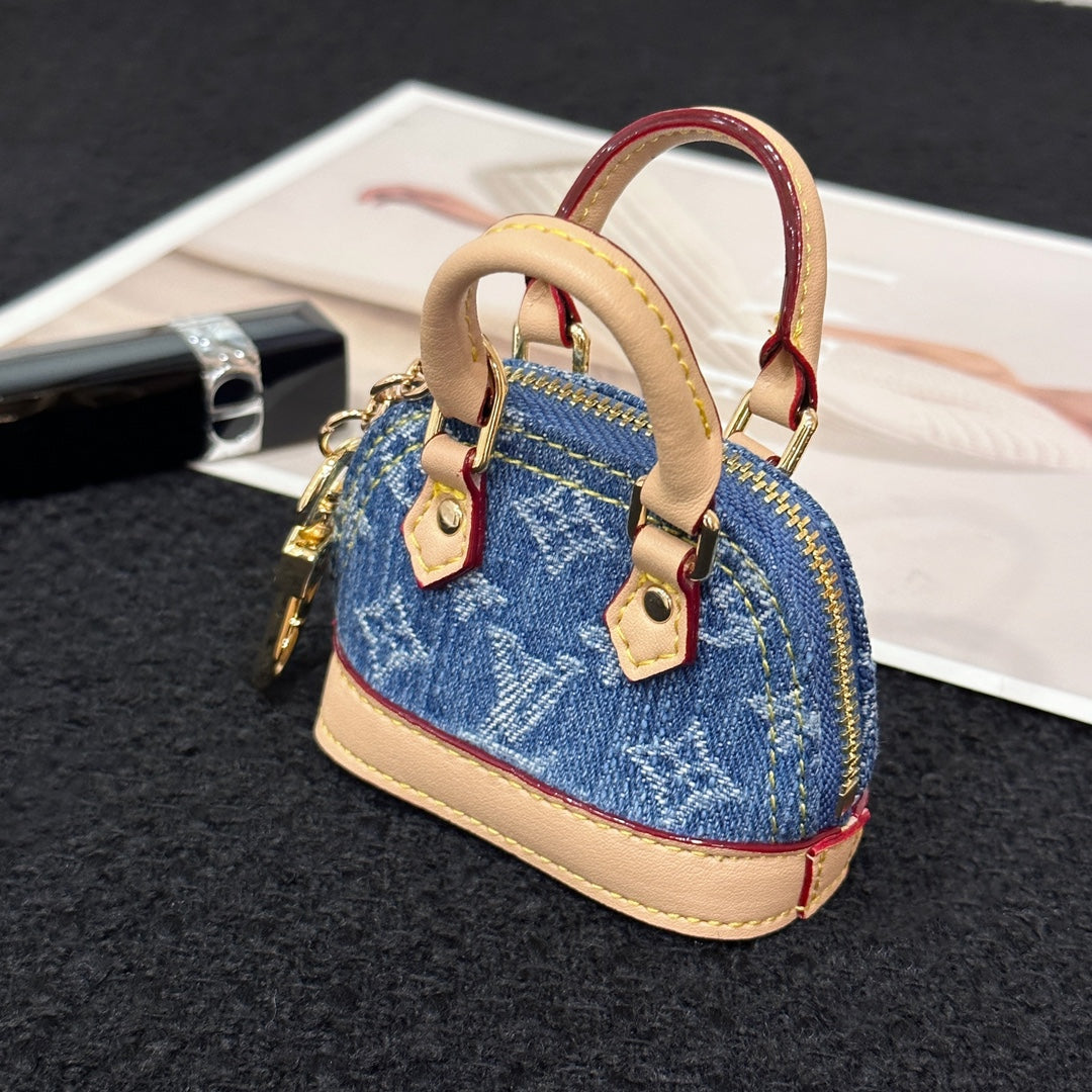 LV Alma Bag Charm Denim Blue mix Beige Cowhide Canvas
