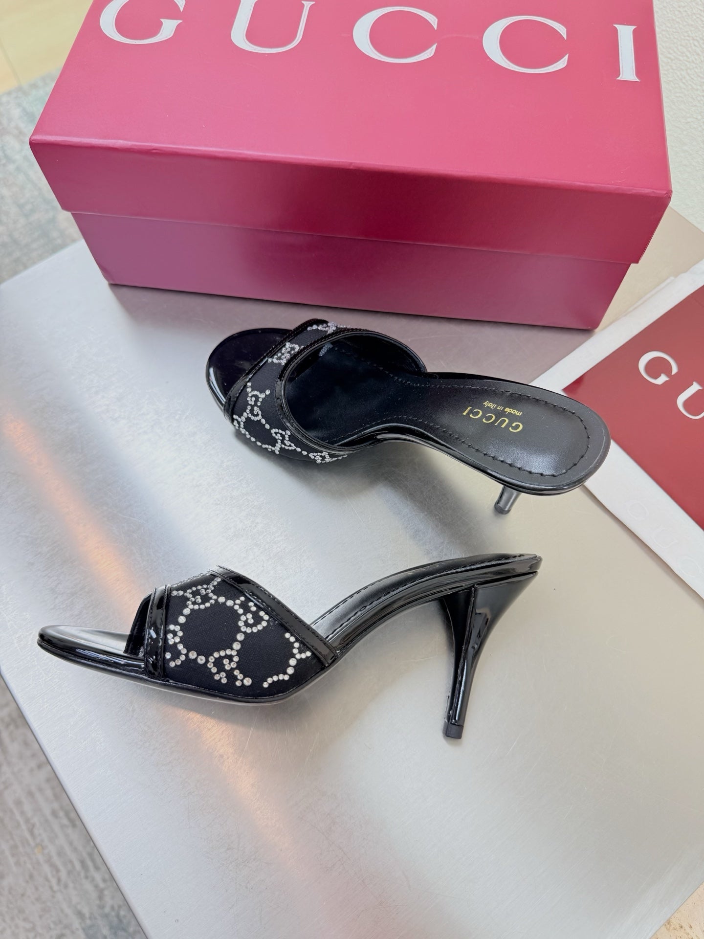 Gucci 2026 Erin GG Embellished Leather-trimmed Mules Black Mesh Leather