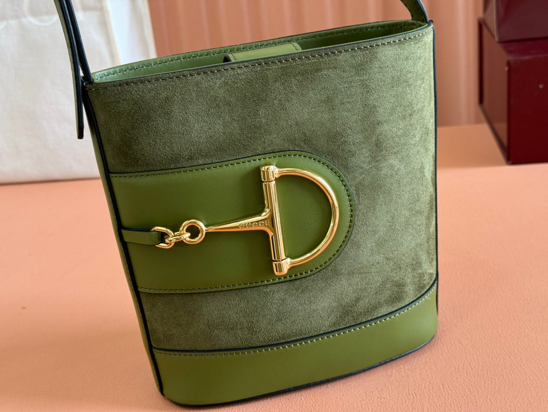 Gucci 73 Mini 20cm Bucket Bag Green Suede Leather 244449