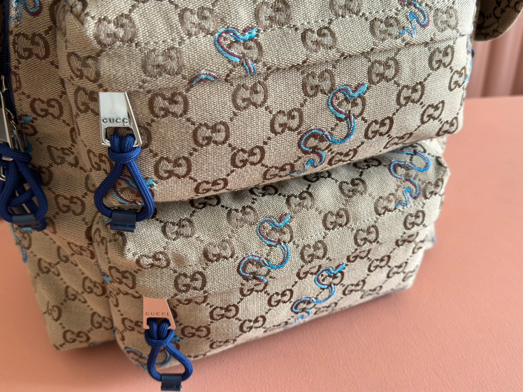 Gucci Snake Pattern Backpack Beige mix Brown Blue Calfskin Canvas 244338