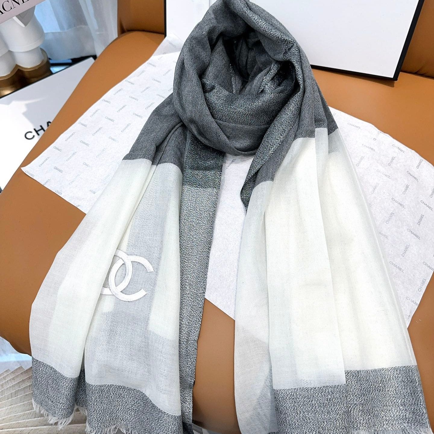 CC Scarf 200 CM In Grey Mix White Cashmere Silk  416880