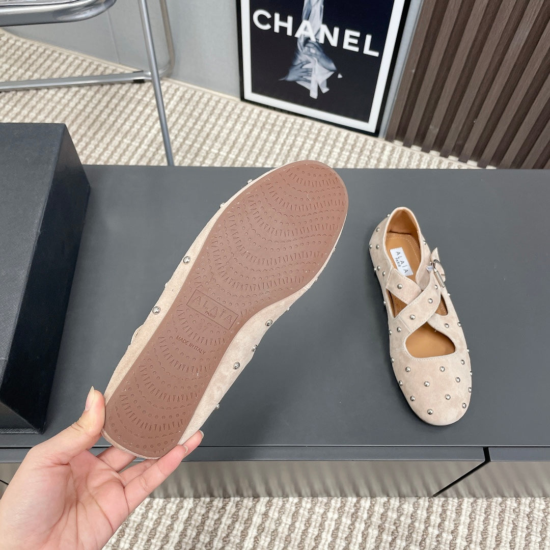 Alaia 2025 Criss Cross With Stud Ballet Flats Nude Suede 293206