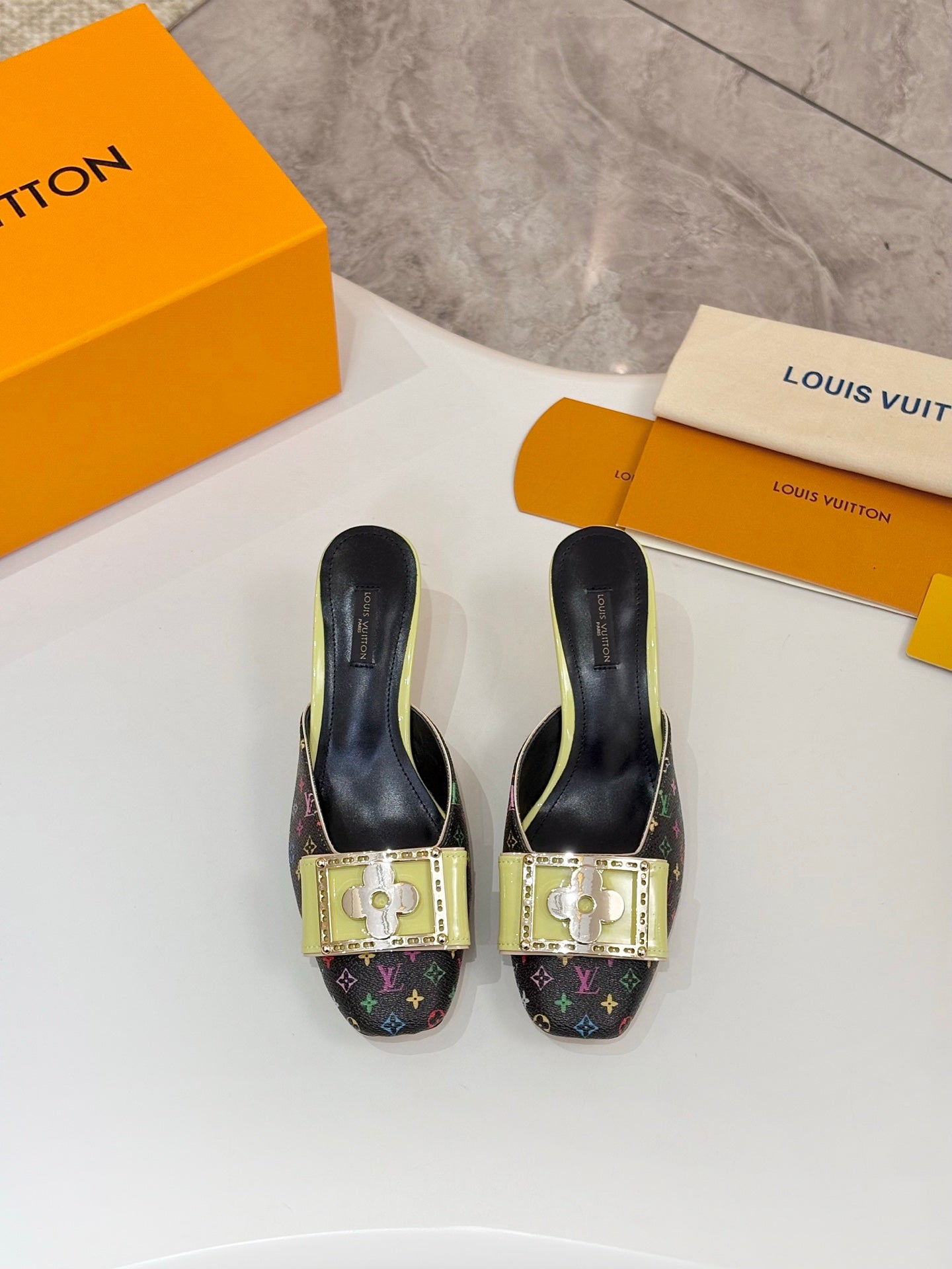 LV 26ss High-Heeled Mules 60 Black Lemon Yellow Multicolor Cowhide 664880