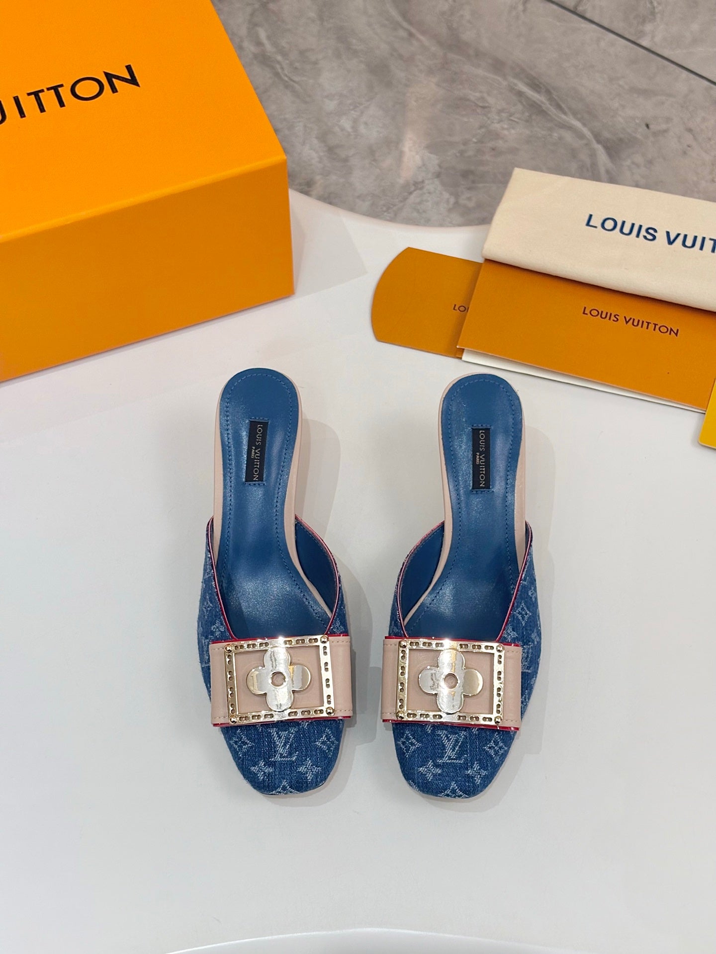 LV 26ss High-Heeled Mules 60 Blue Monogram Denim Cowhide 664881