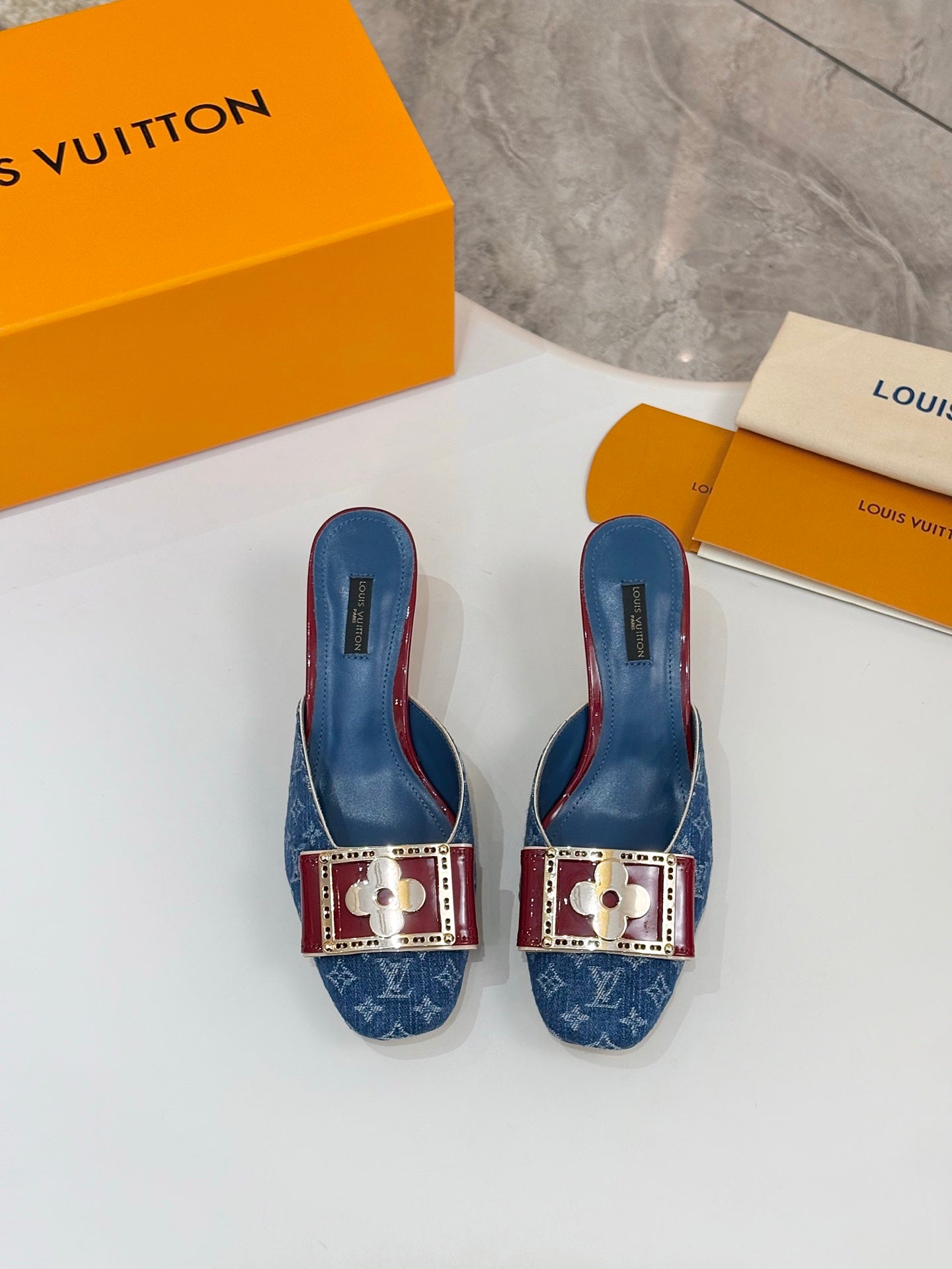 LV 26ss High-Heeled Mules 60 Blue Red Monogram Denim Cowhide 664882