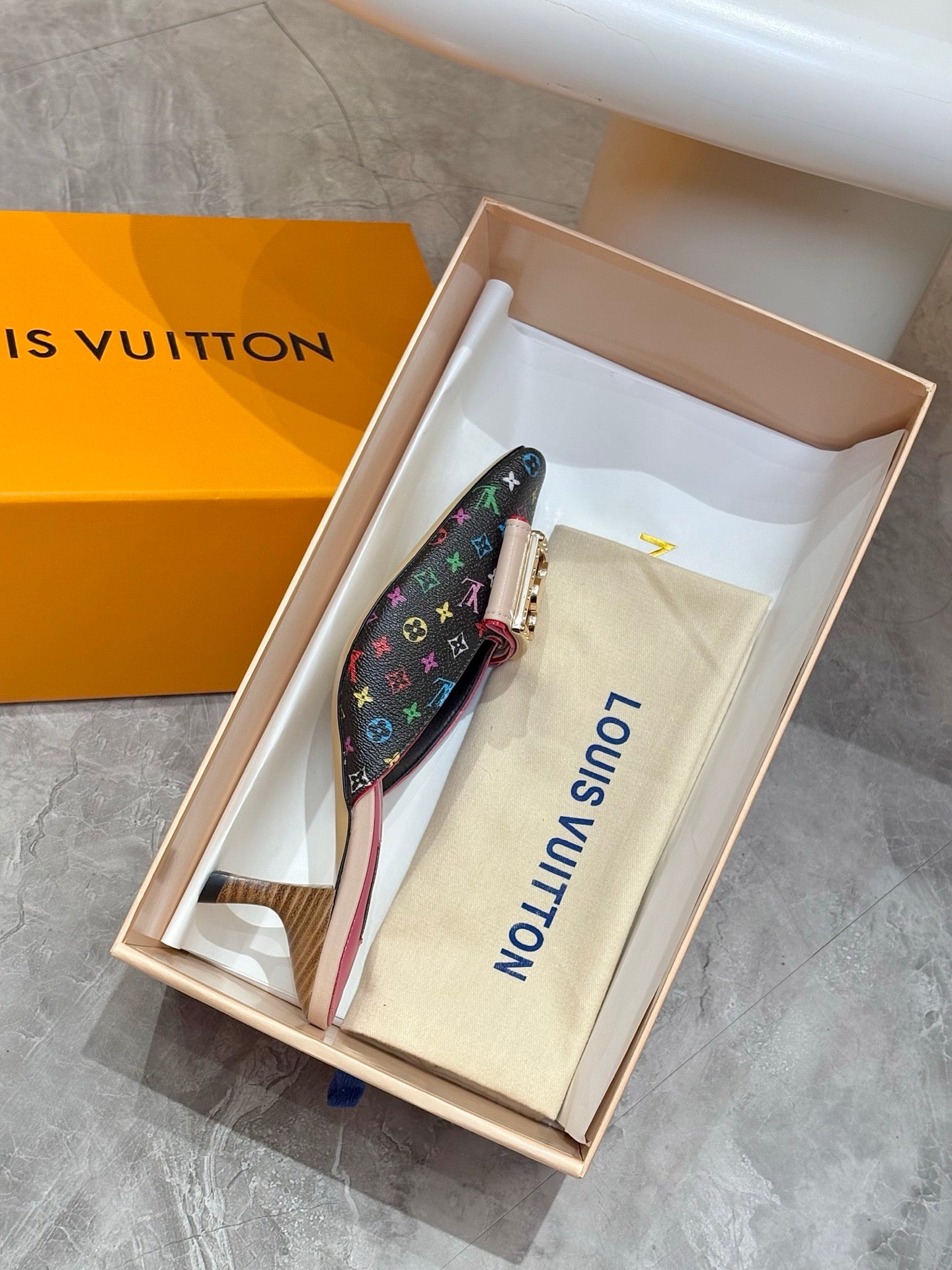 LV 26ss High-Heeled Mules 60 Black Pink Multicolor Monogram Cowhide 664883