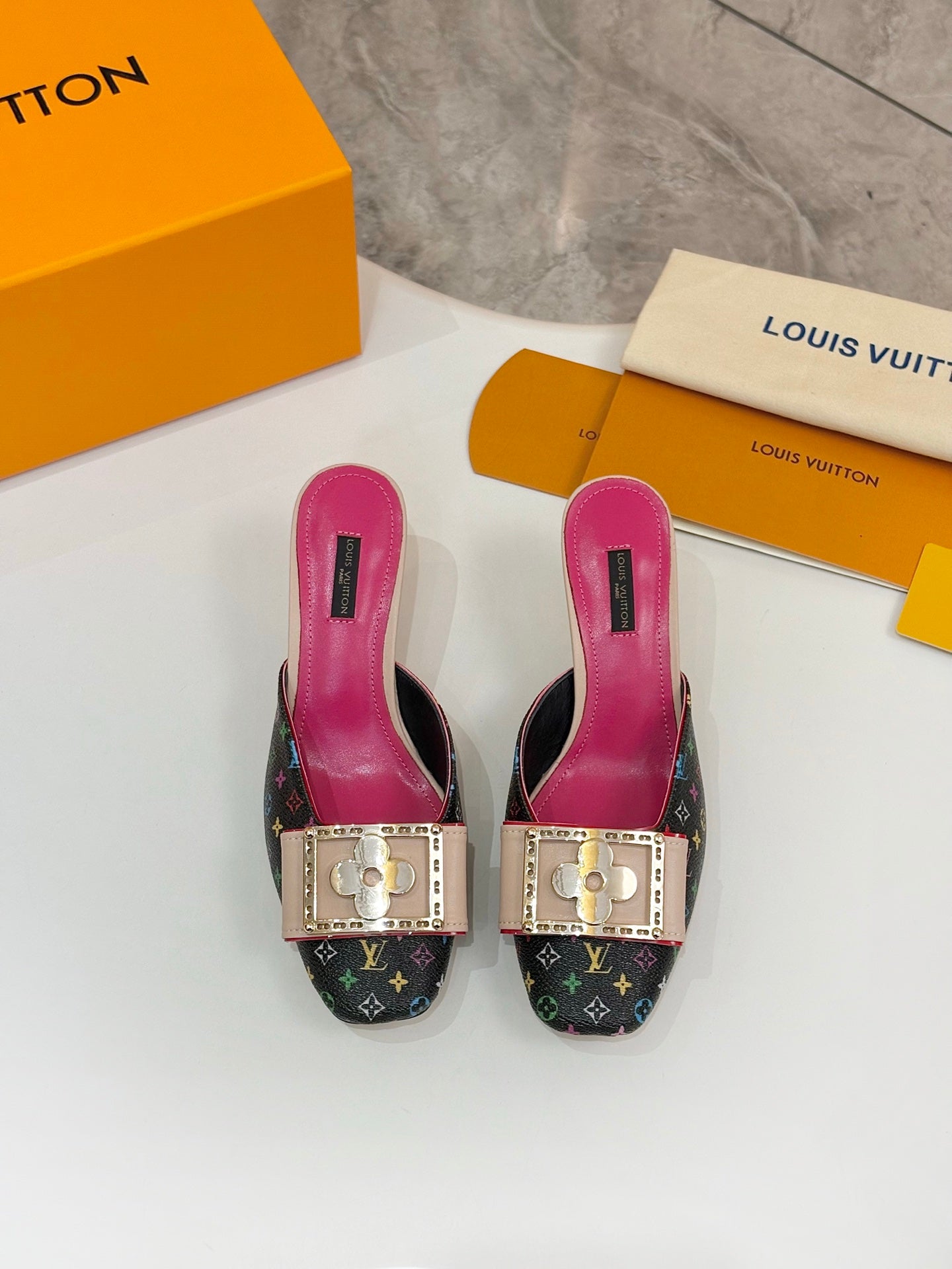LV 26ss High-Heeled Mules 60 Black Pink Multicolor Monogram Cowhide 664883