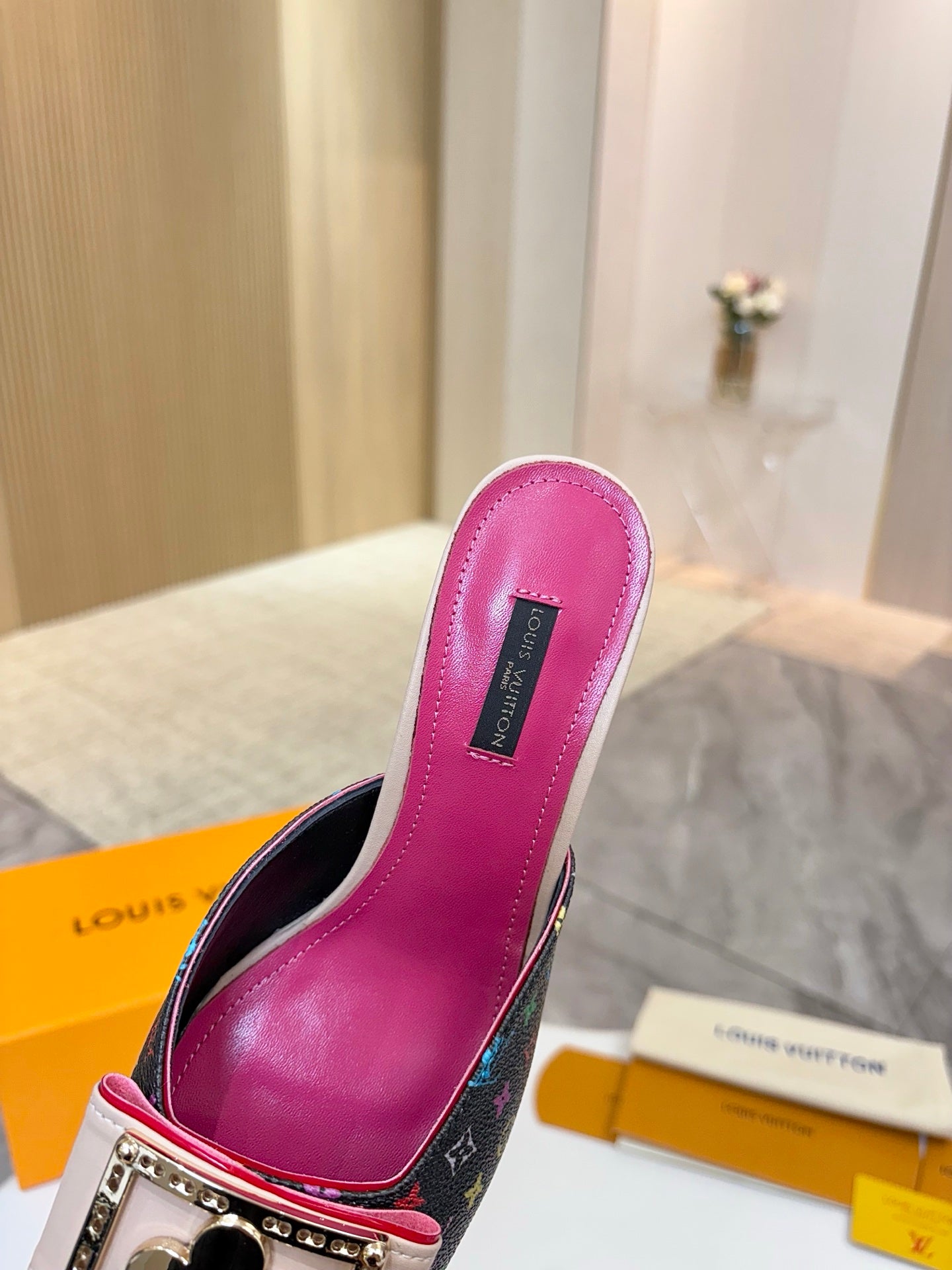 LV 26ss High-Heeled Mules 60 Black Pink Multicolor Monogram Cowhide 664883