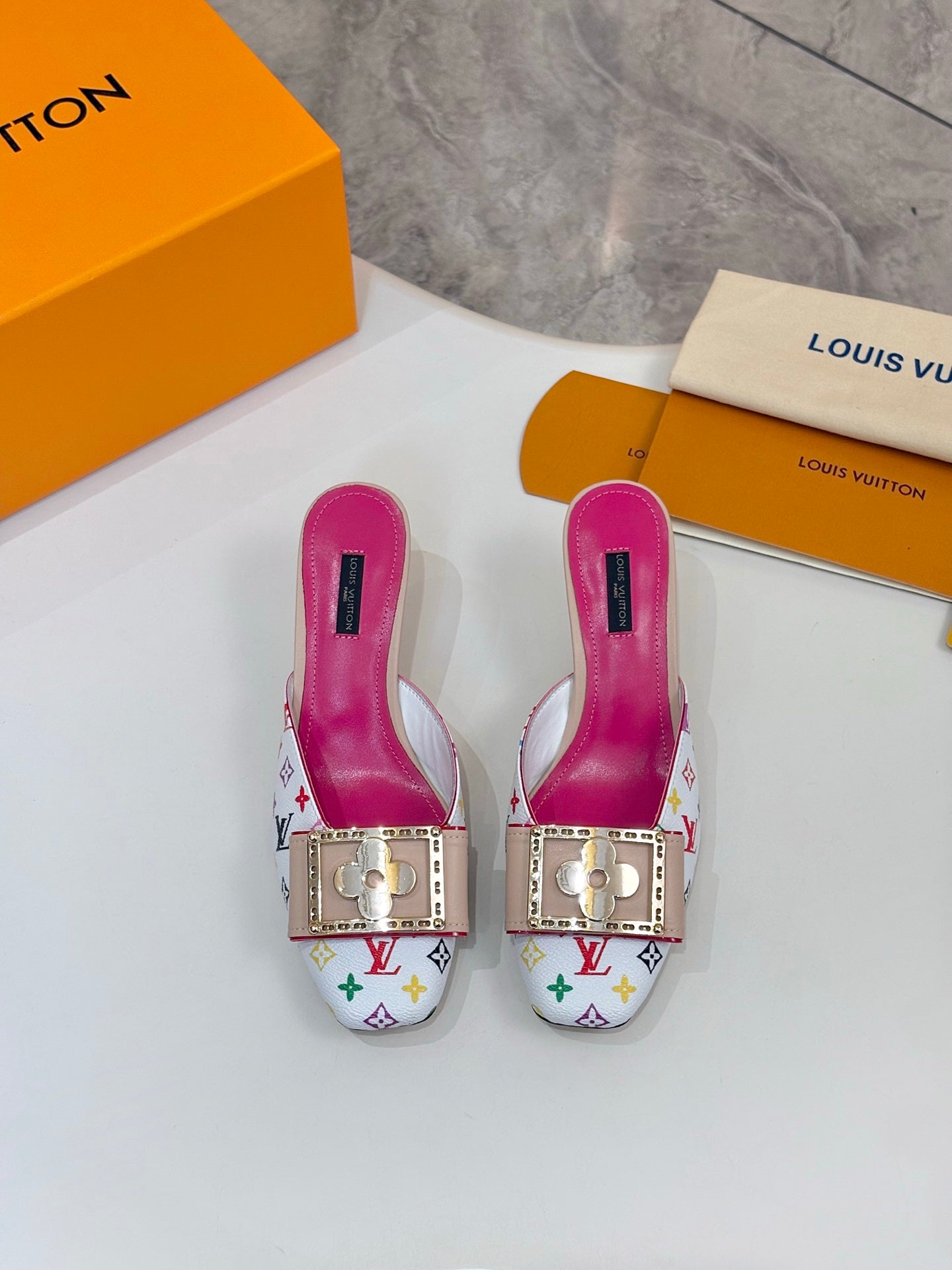 LV 26ss High-Heeled Mules 60 White Multicolor Monogram Cowhide 664885