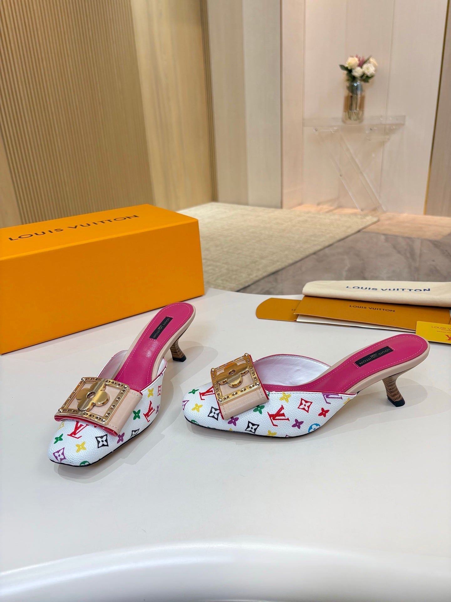LV 26ss High-Heeled Mules 60 White Multicolor Monogram Cowhide 664885