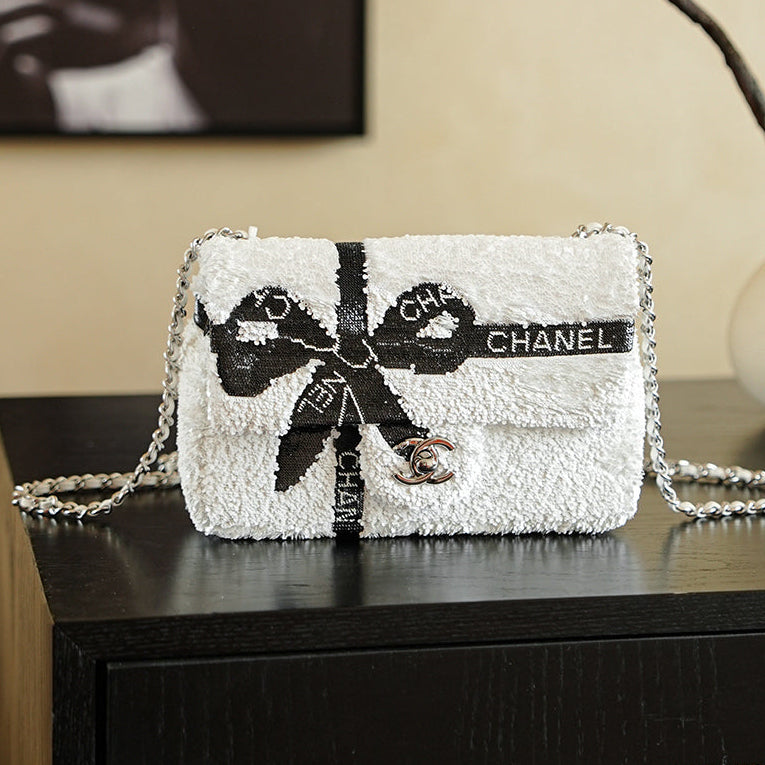 CC 2025 Bow Flap Bag White Black Sequin 308598