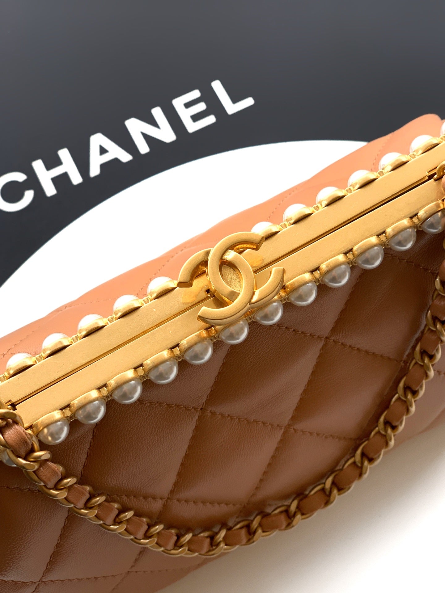 Chanel 2026 Pearl Clutch Brown Gold Lambskin 321879