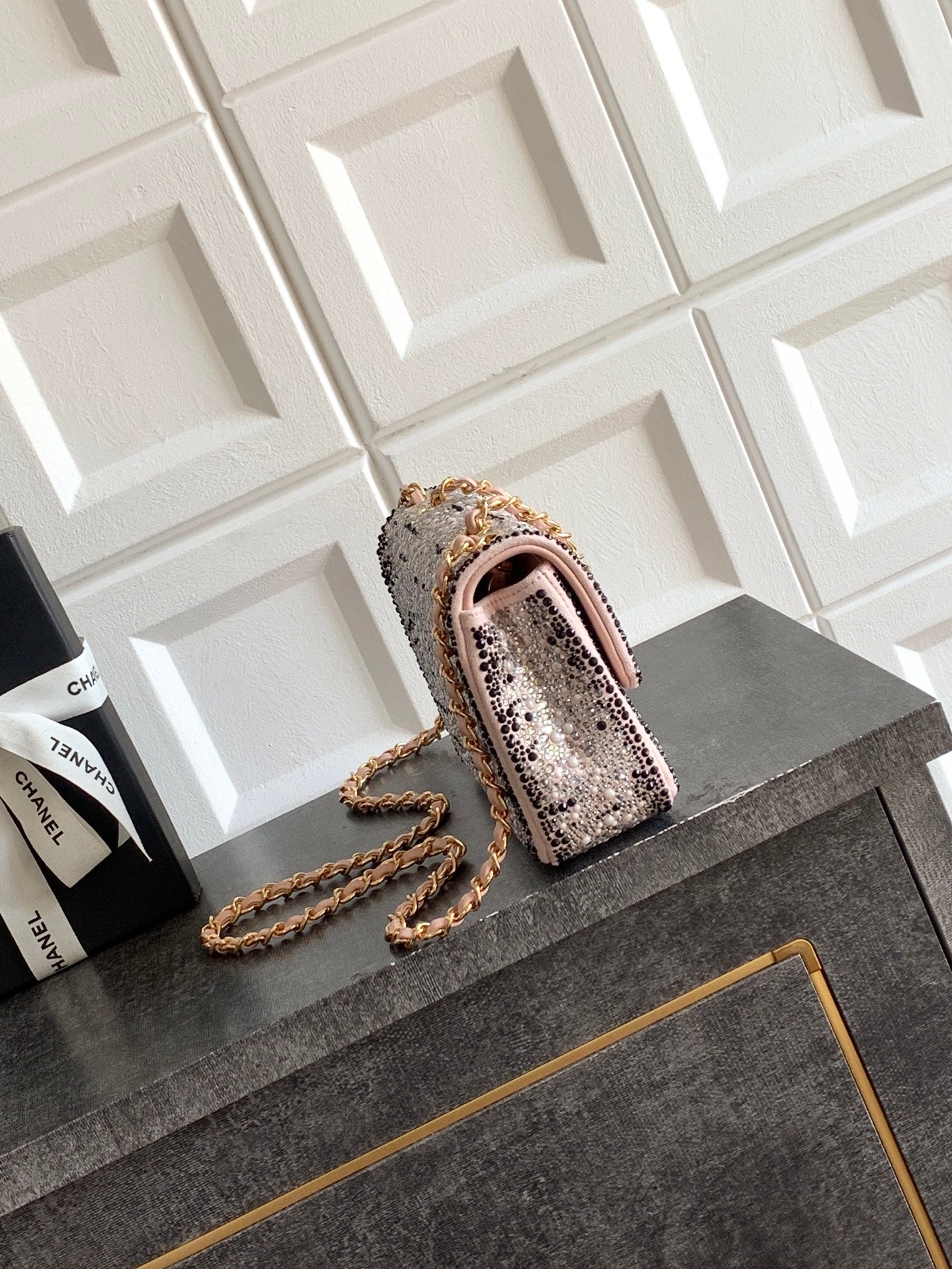 Chanel 2026 Flap Bag 20cm Pink Black Sequin Leather 348826
