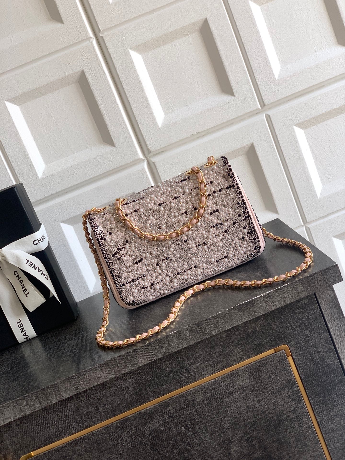 Chanel 2026 Flap Bag 20cm Pink Black Sequin Leather 348826