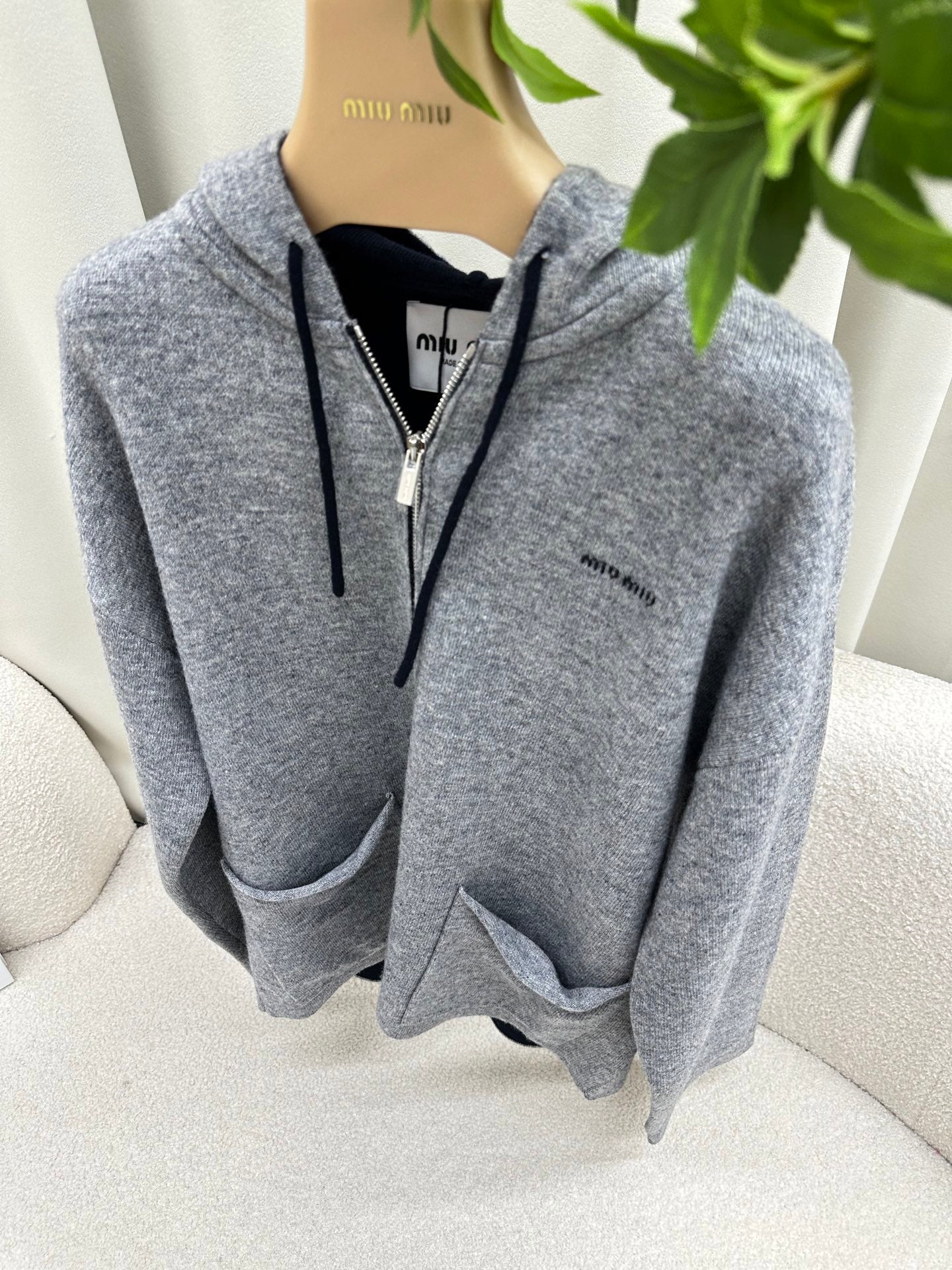 Miumiu 2026 Hooded Knit Cardigan Grey Cashmere