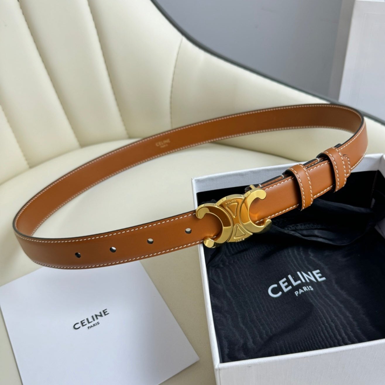 MEDIUM TRIOMPHE BELT 25MM LEATHER GOLD HARDWARE