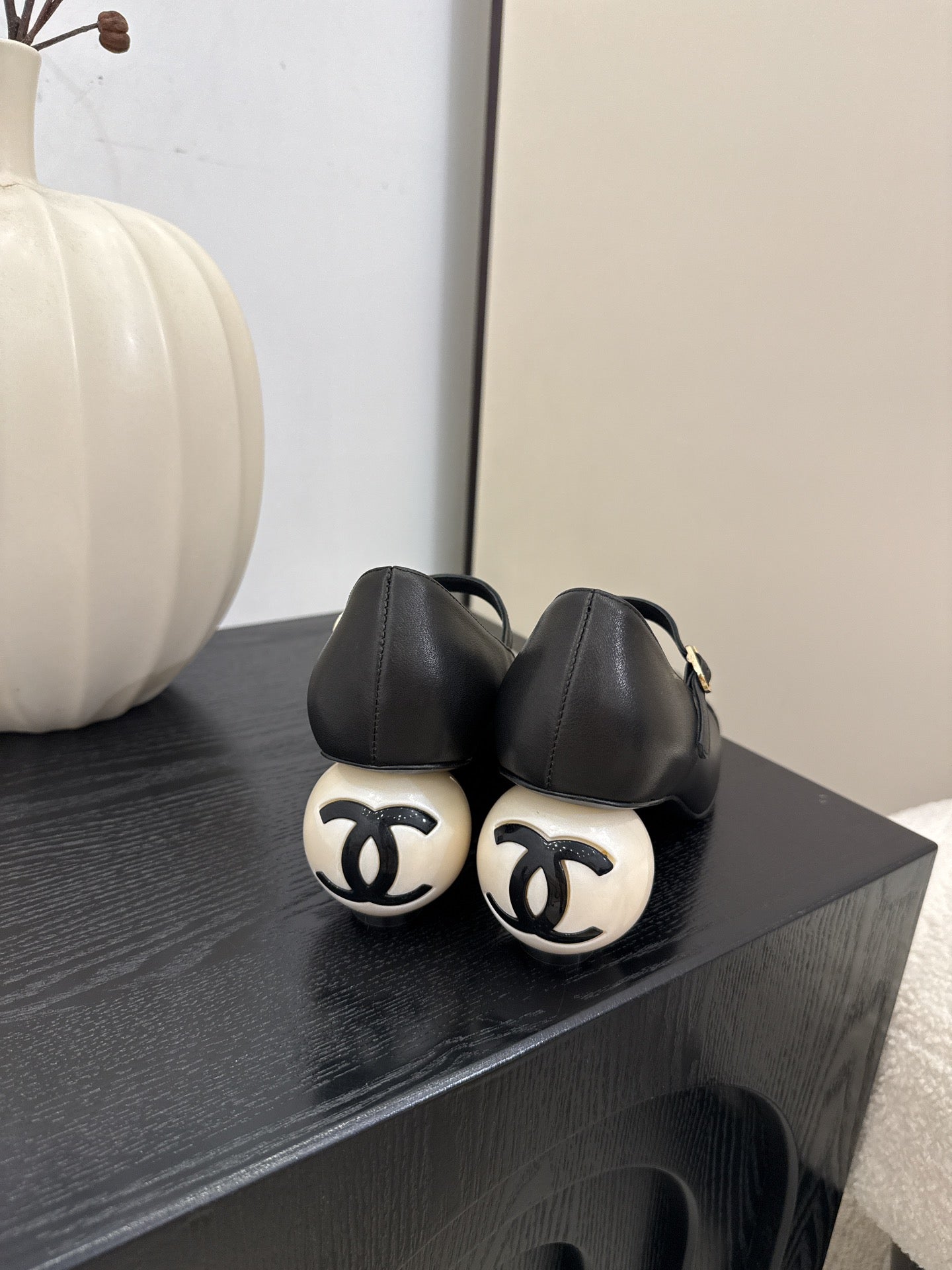Chanel Mary Jane Pumps with Pearl Heels Black White Leather