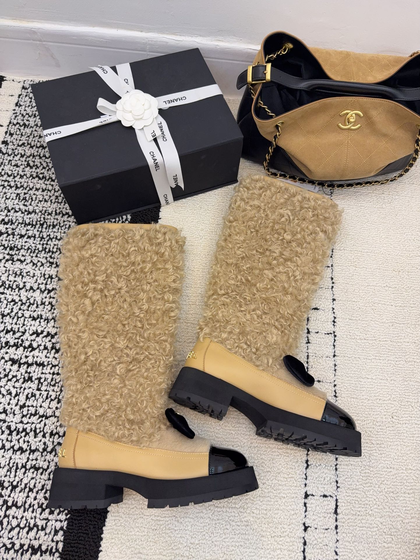 Chanel 25 Shearling Boot Beige Black Wool Leather 537104