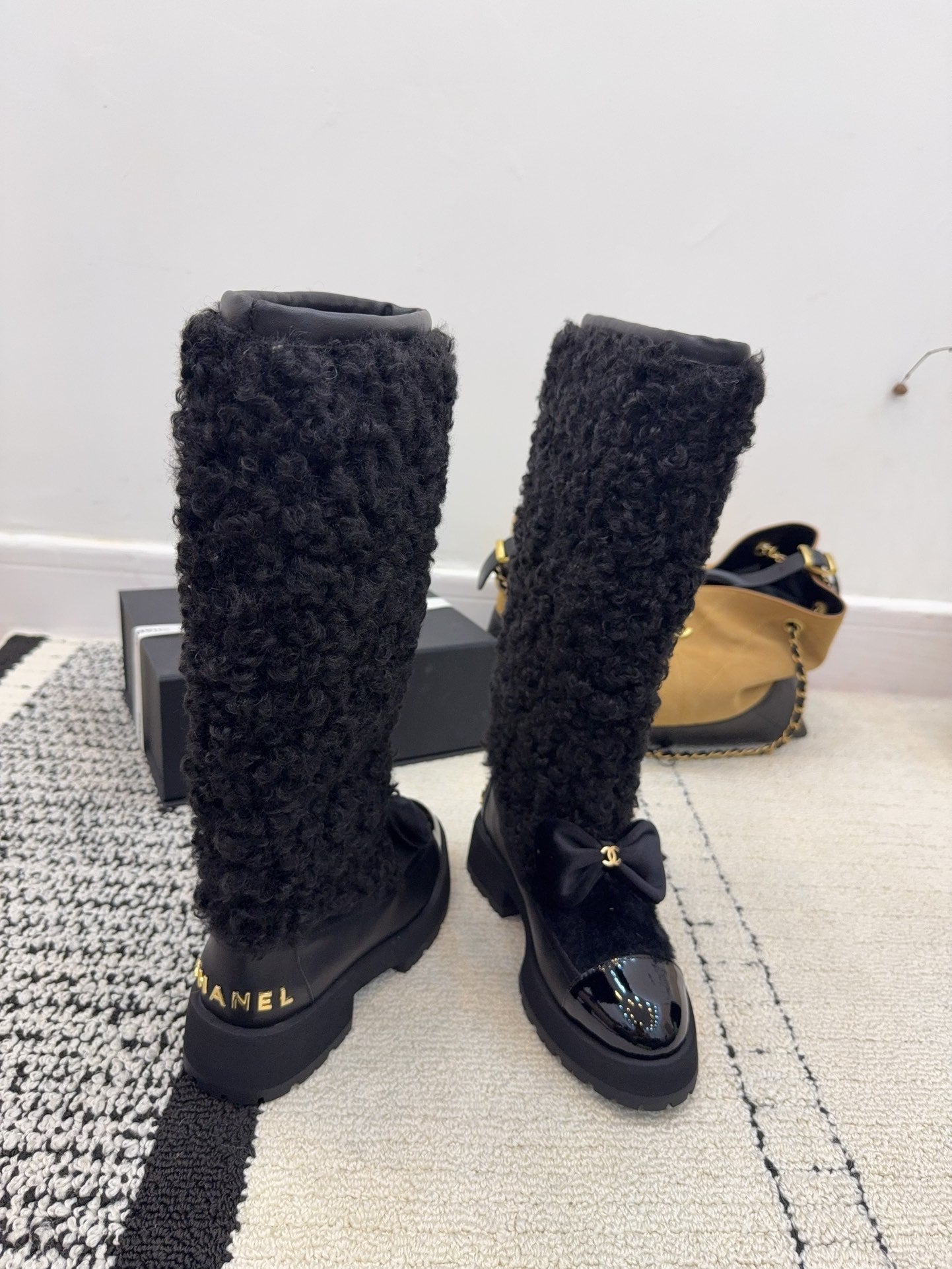 Chanel 25 Shearling Boot Black Wool Leather 537105
