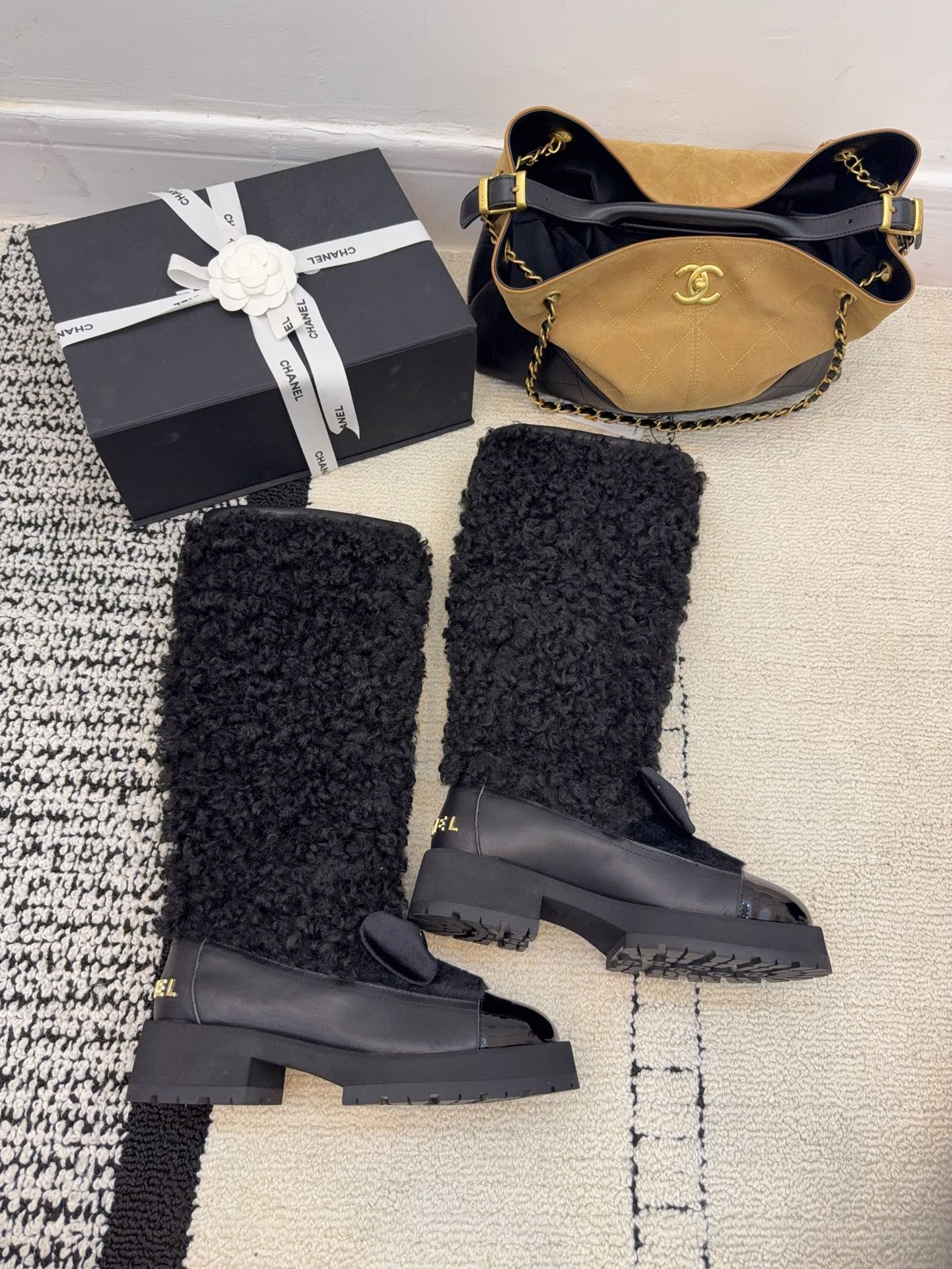 Chanel 25 Shearling Boot Black Wool Leather 537105