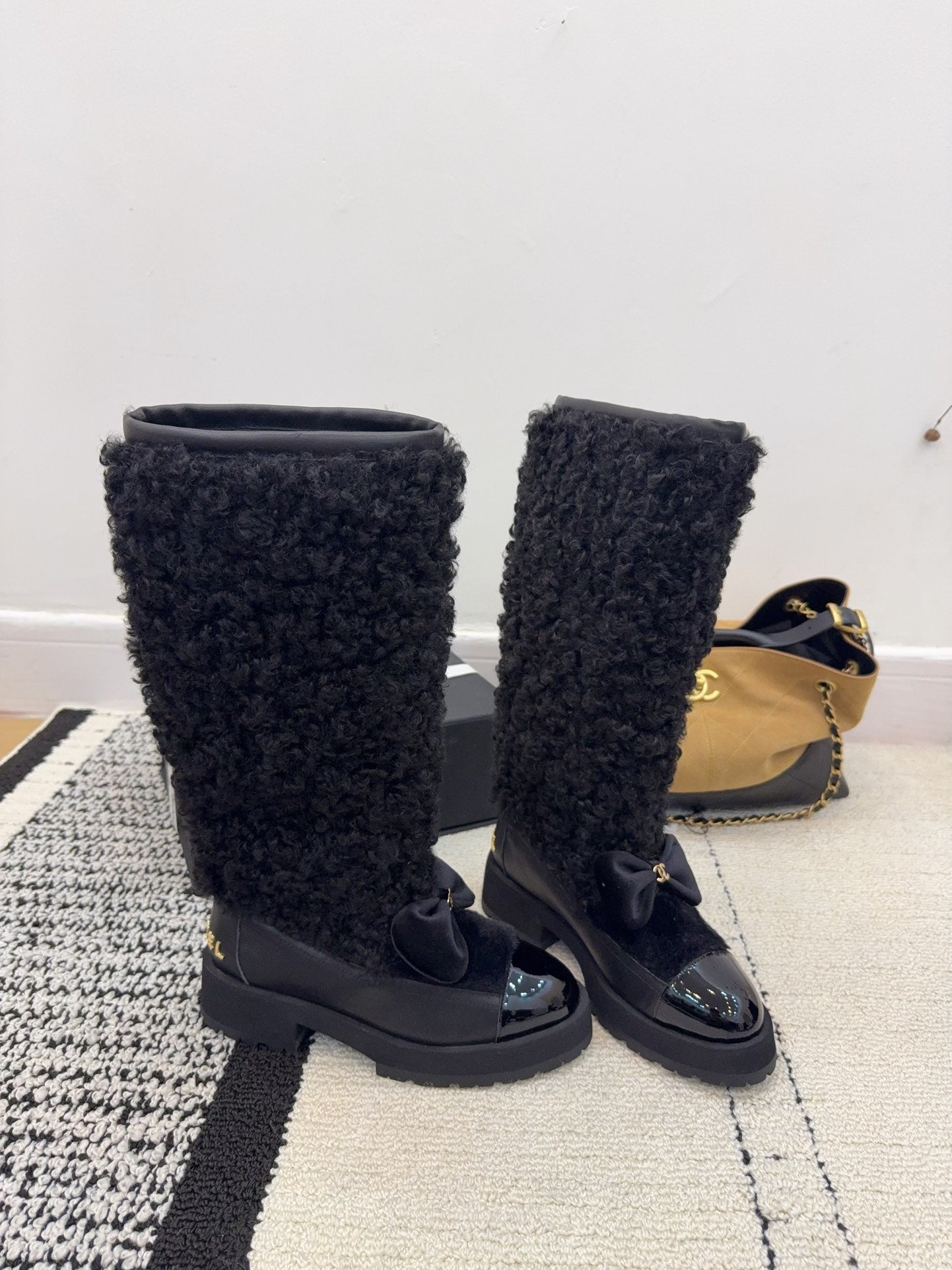 Chanel 25 Shearling Boot Black Wool Leather 537105