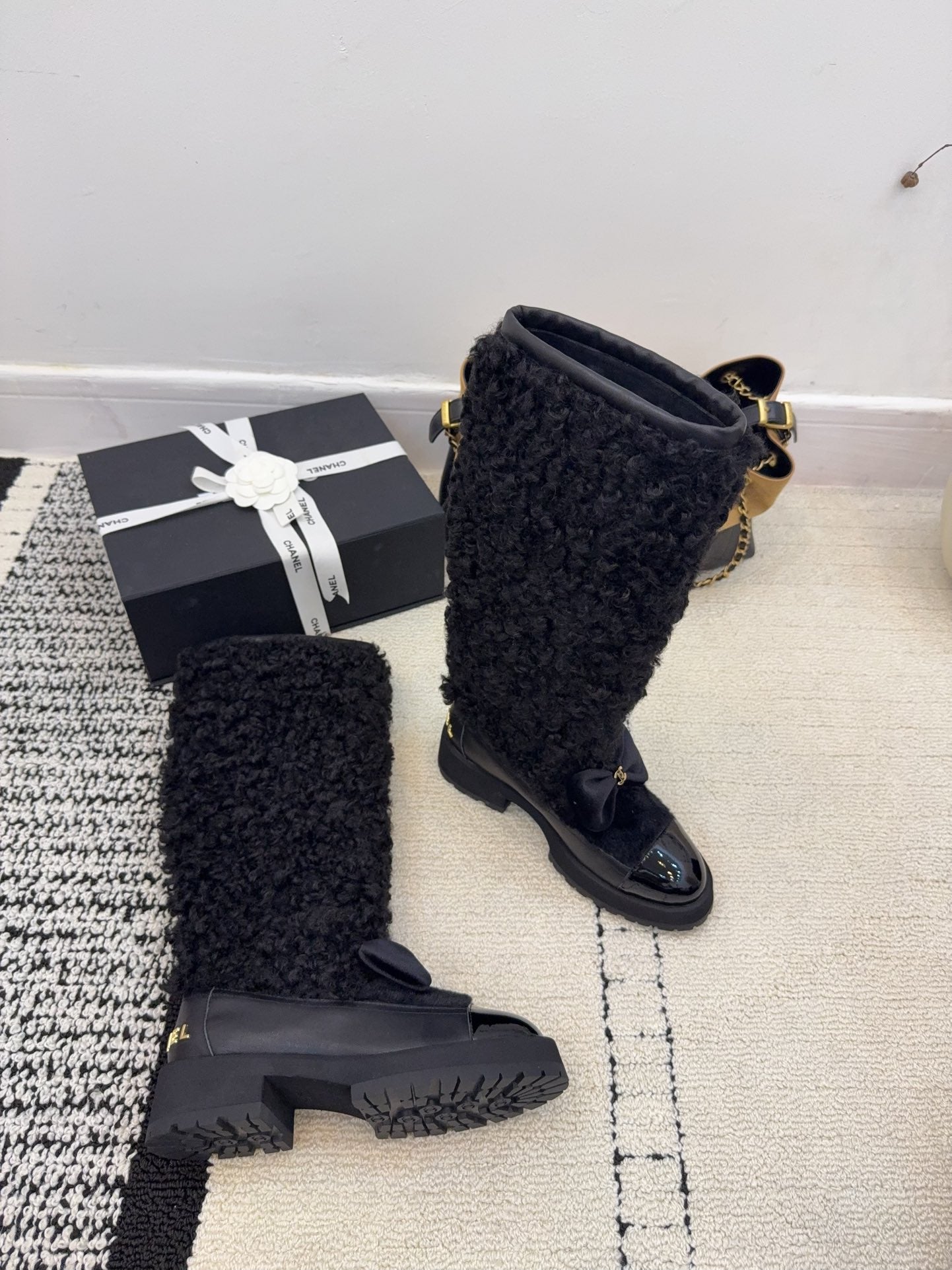 Chanel 25 Shearling Boot Black Wool Leather 537105