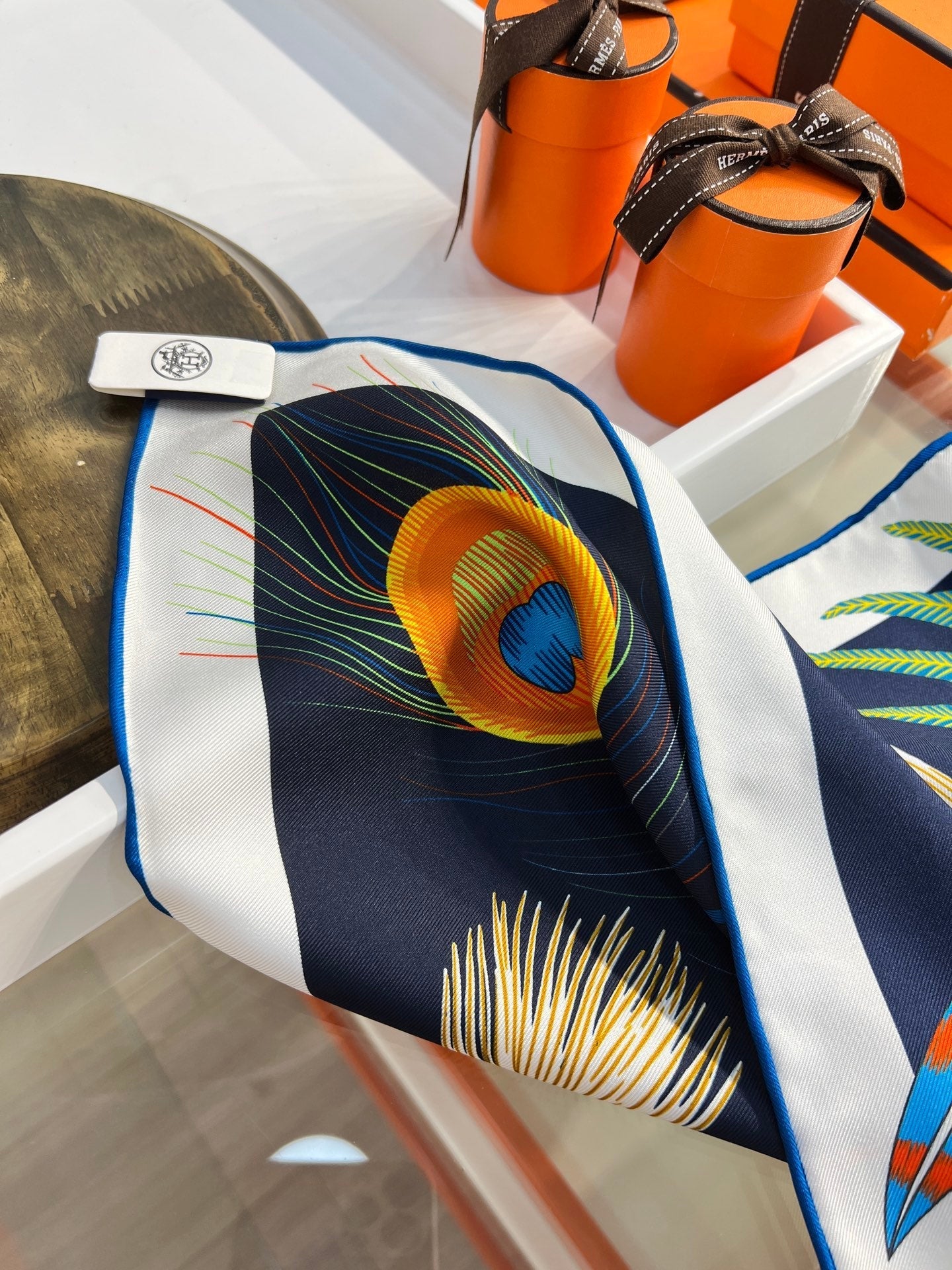 HM 26s 90 Double-sided Scarf Navy Blue Colorful Mulberry Silk 157528
