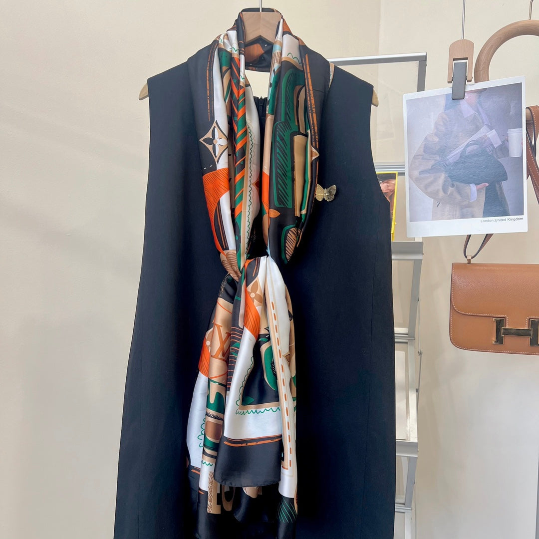 LV Long Scarf 180 Black Green Beige Colorful Mulberry Silk 172987